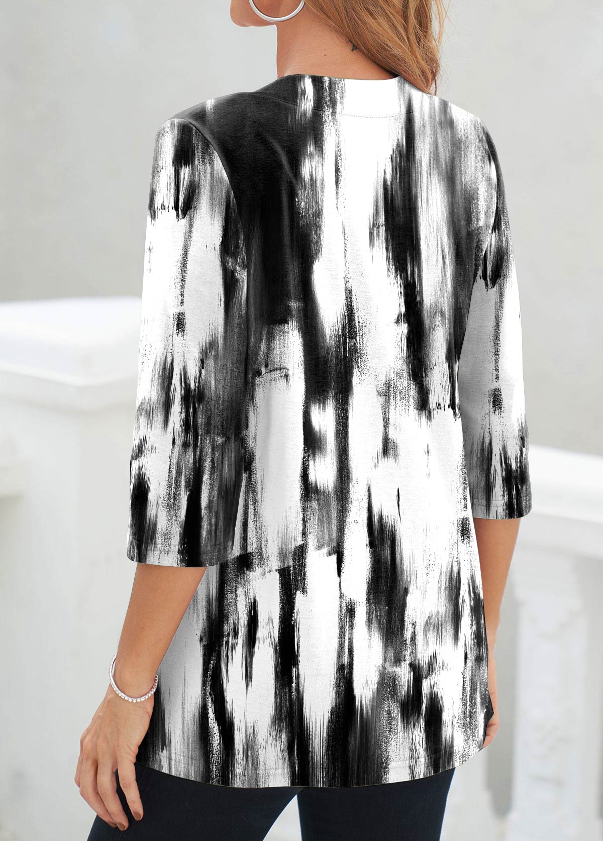 Black tops,White tops,Contrast Color tops,Tie Dye tops,ROTITA Fake 2in1 Black Tie Dye Print T Shirt