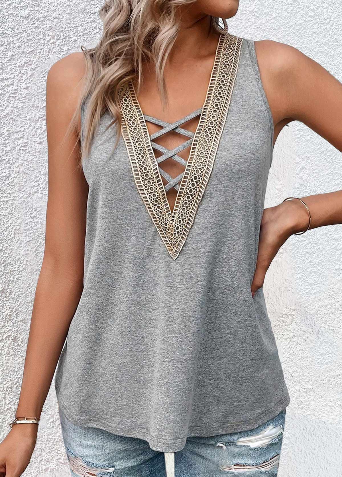 ROTITA Criss Cross Grey V Neck Tank Top