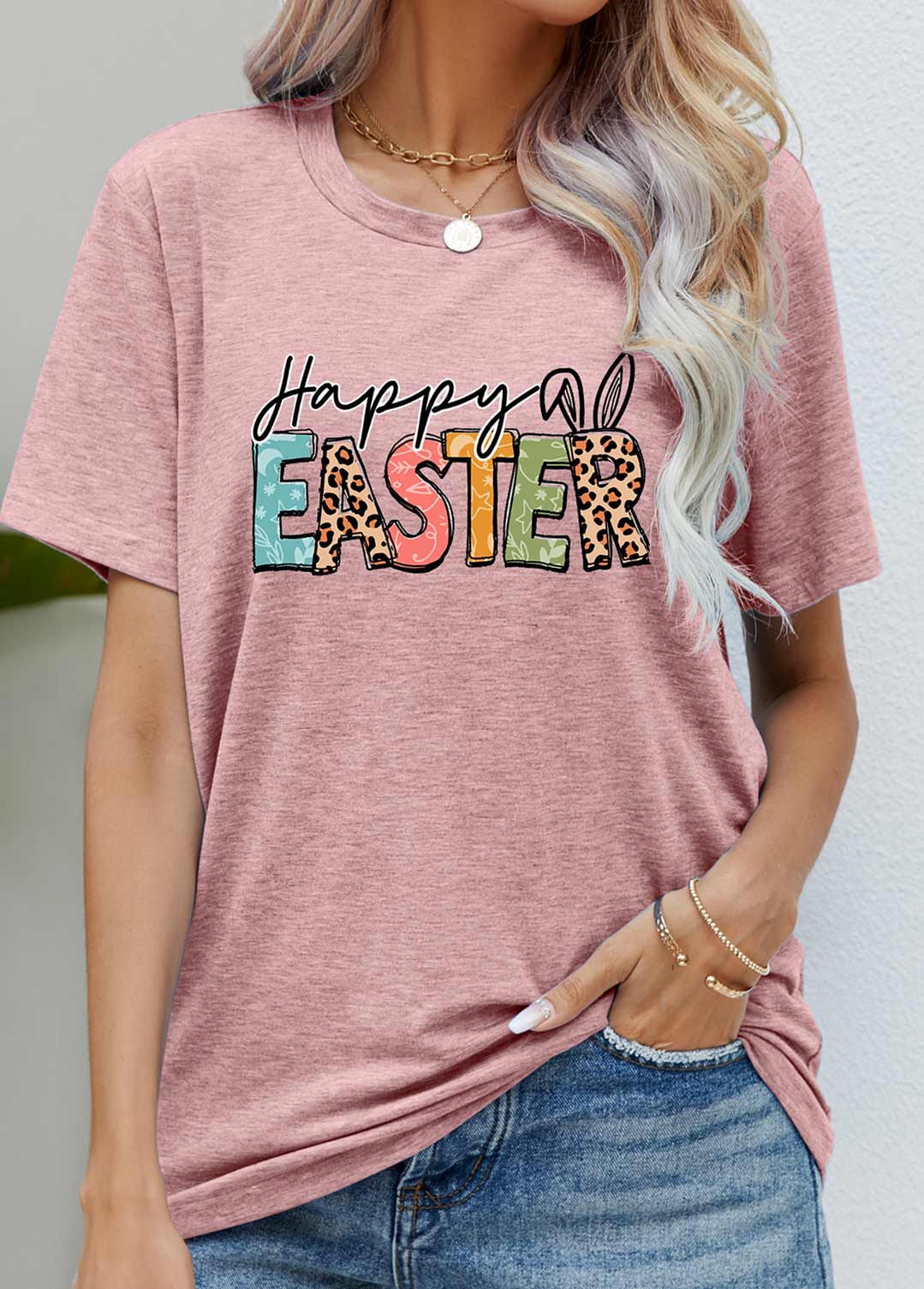 Dusty Pink tops,Letter tops,Leopard tops,Letter Print Easter Short Sleeve T Shirt