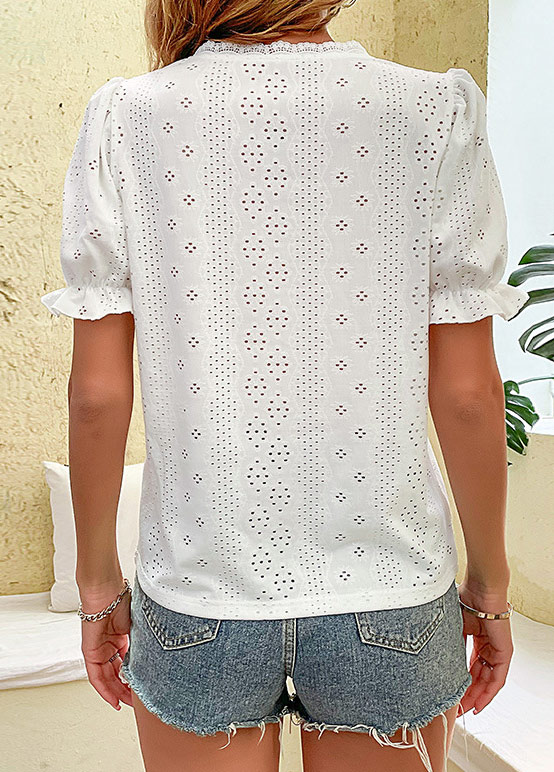 White tops,Plain Color tops,Patchwork White V Neck Short Sleeve T Shirt