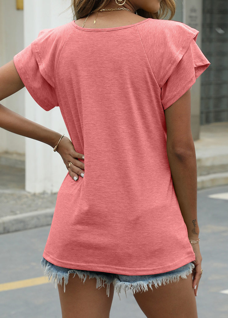 Pink tops,Plain Color tops,Patchwork Layered Pink V Neck T Shirt