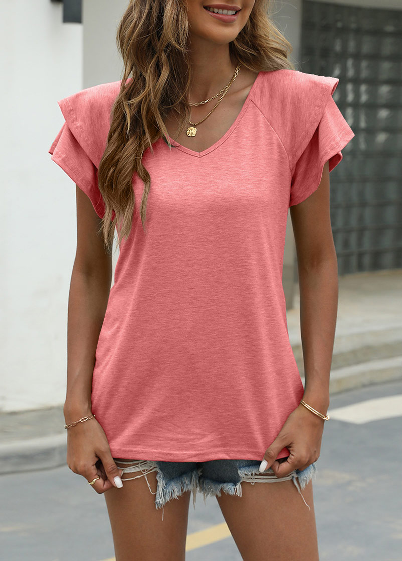 Pink tops,Plain Color tops,Patchwork Layered Pink V Neck T Shirt