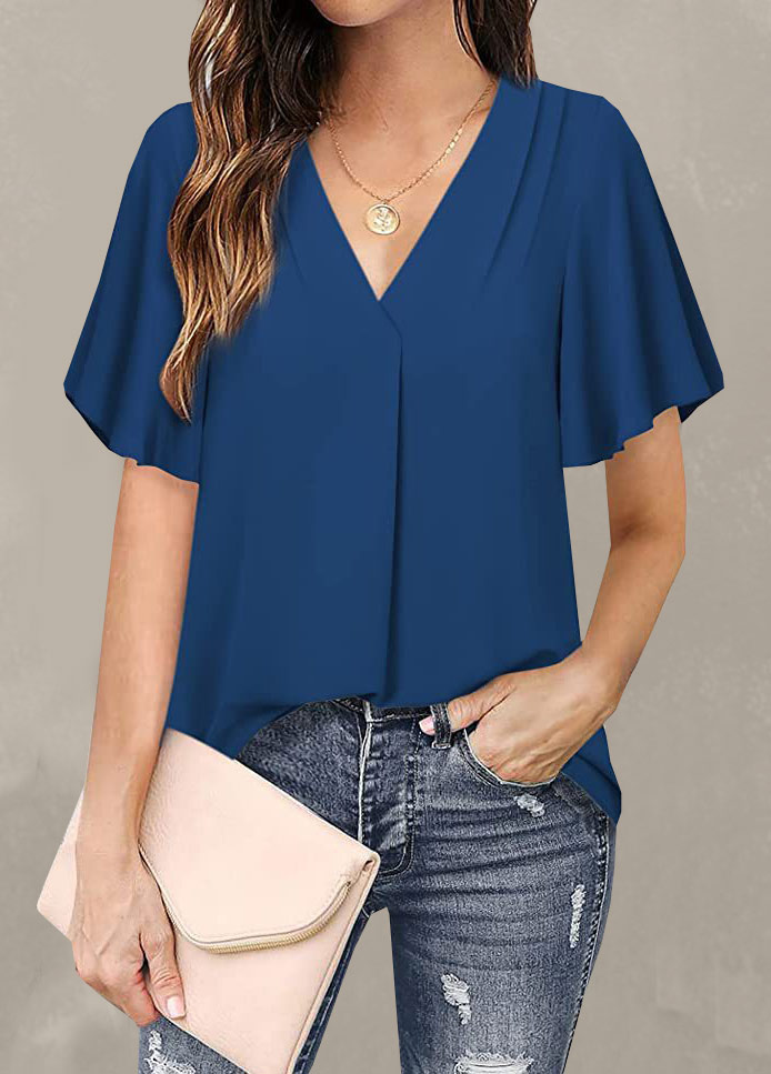 Navy tops,Plain Color tops,Navy V Neck Short Sleeve T Shirt