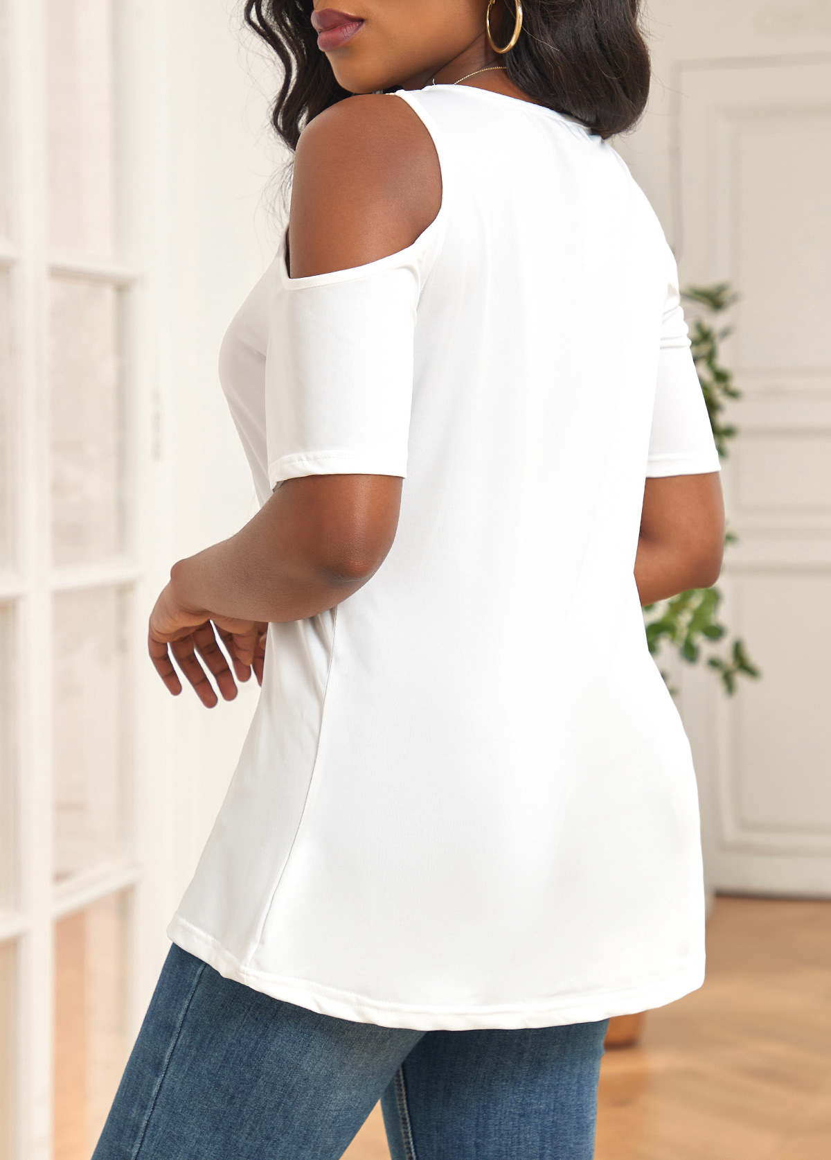 White tops,Plain Color tops,Cut Out White V Neck T Shirt
