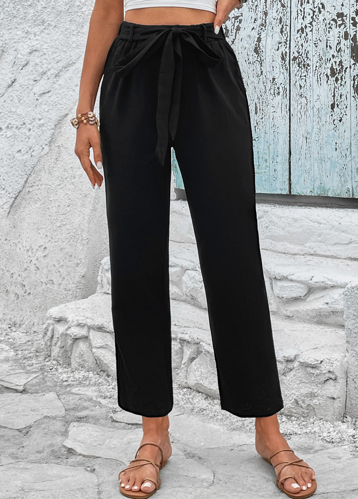 Black bottoms,Plain Color bottoms,Bowknot Black Elastic Waist High Waisted Pants