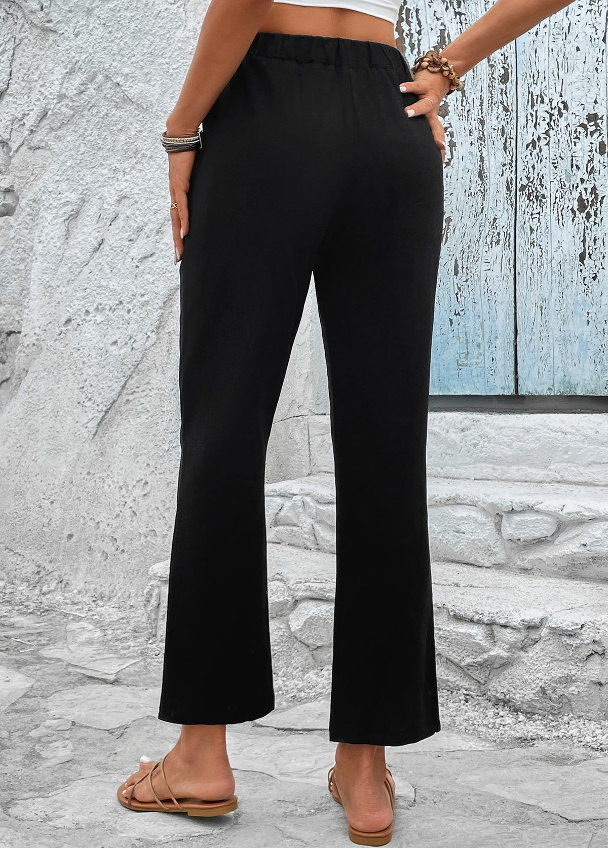 Black bottoms,Plain Color bottoms,Bowknot Black Elastic Waist High Waisted Pants