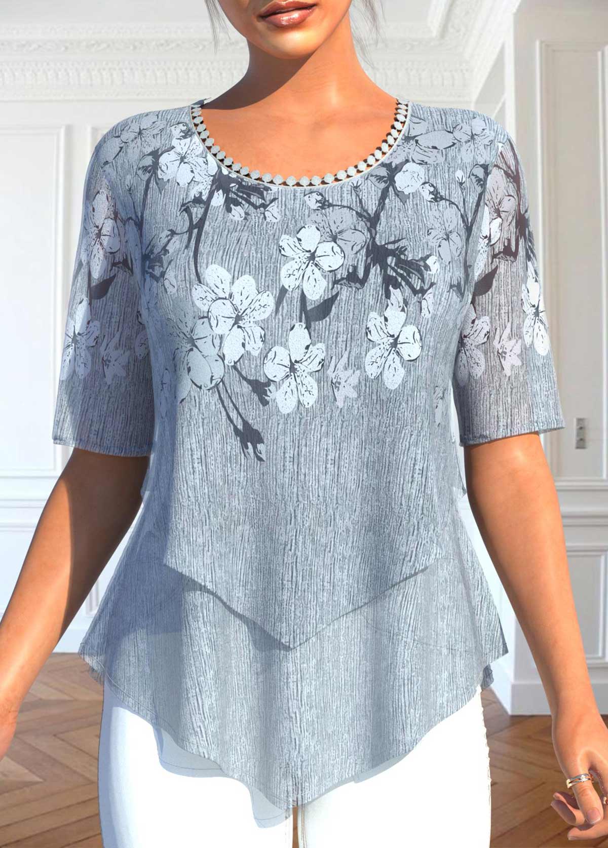 ROTITA Layered Floral Print Grey Round Neck Blouse