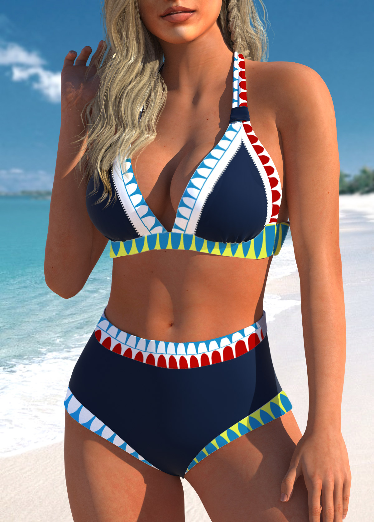 Navy swimwear,Tribal swimwear,ROTITA Patchwork Navy African Tribal Print Bikini Top