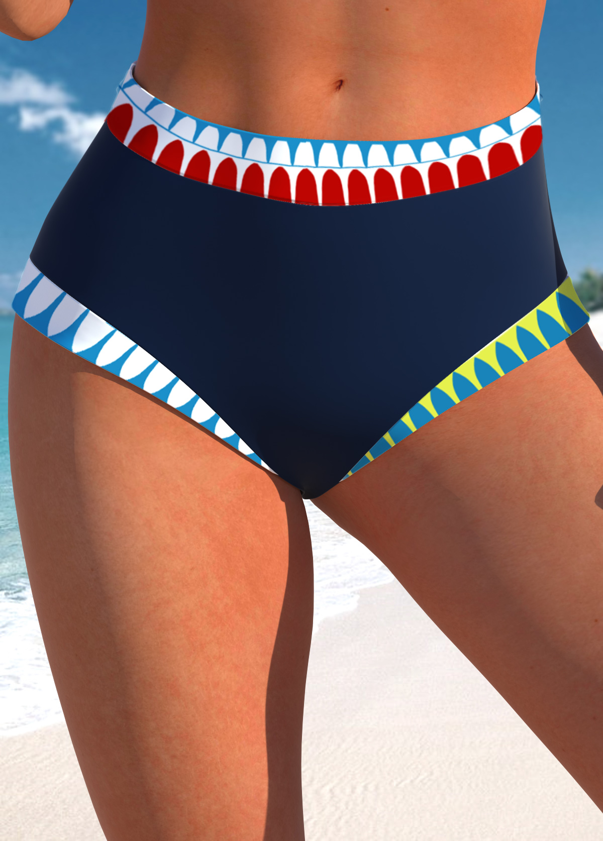 ROTITA Bas de bikini taille mi-haute à imprimé tribal africain bleu marine