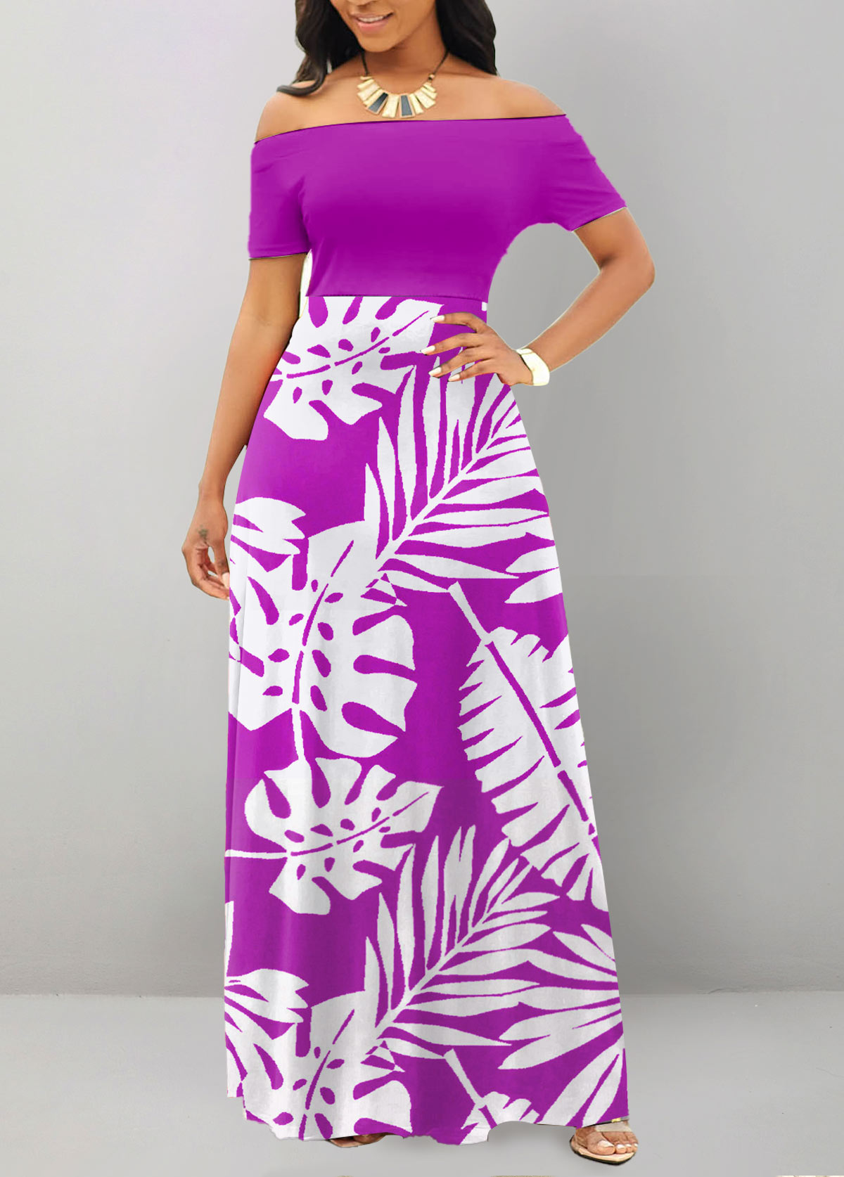 ROTITA Patchwork Leaf Print Purple Off Shoulder Maxi Dress