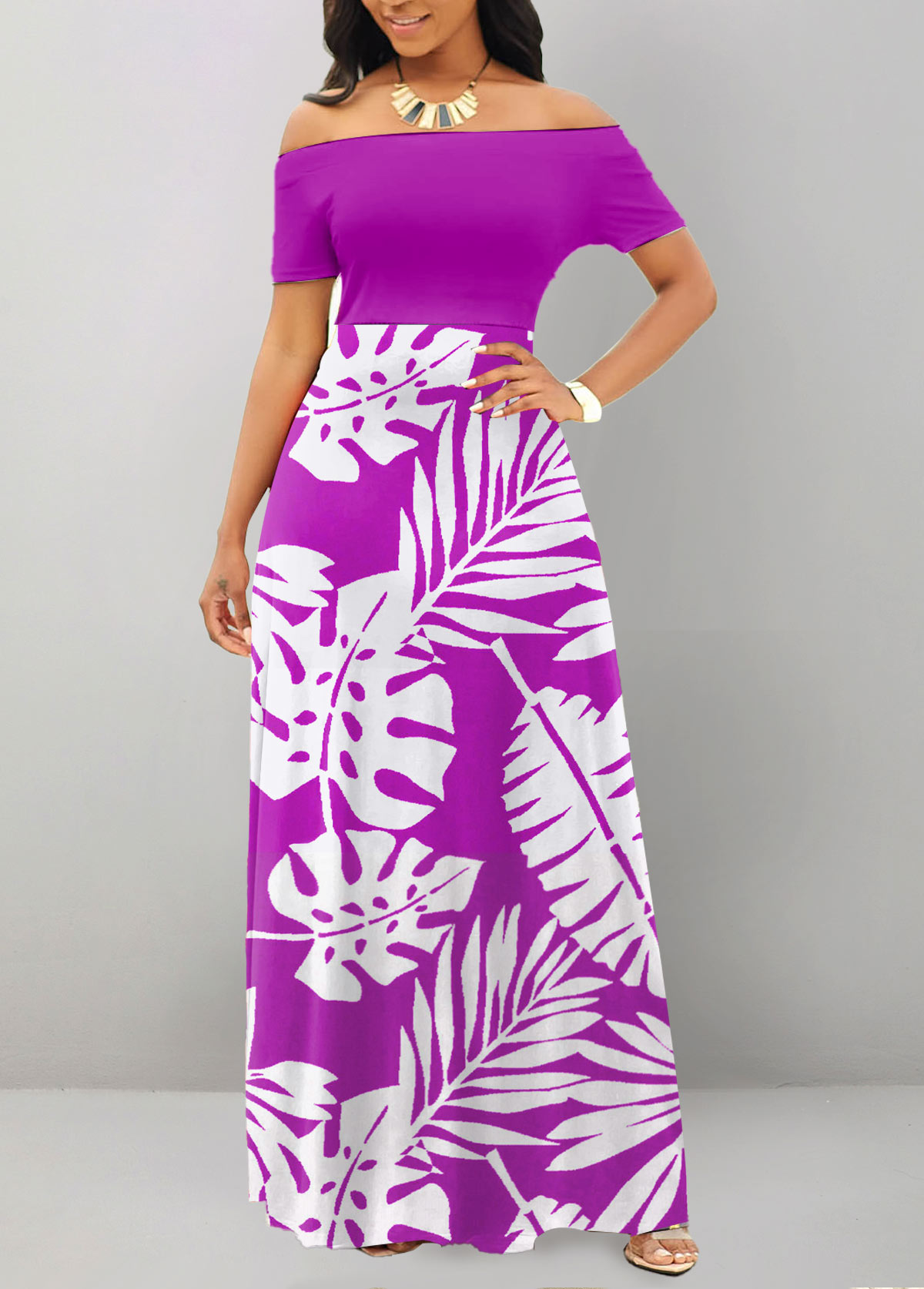 Purple dresses,Plants dresses,ROTITA Patchwork Leaf Print Purple Off Shoulder Maxi Dress