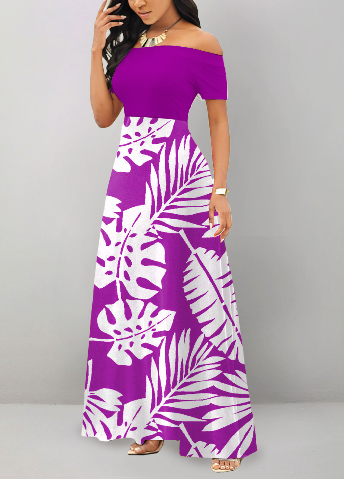 Purple dresses,Plants dresses,ROTITA Patchwork Leaf Print Purple Off Shoulder Maxi Dress