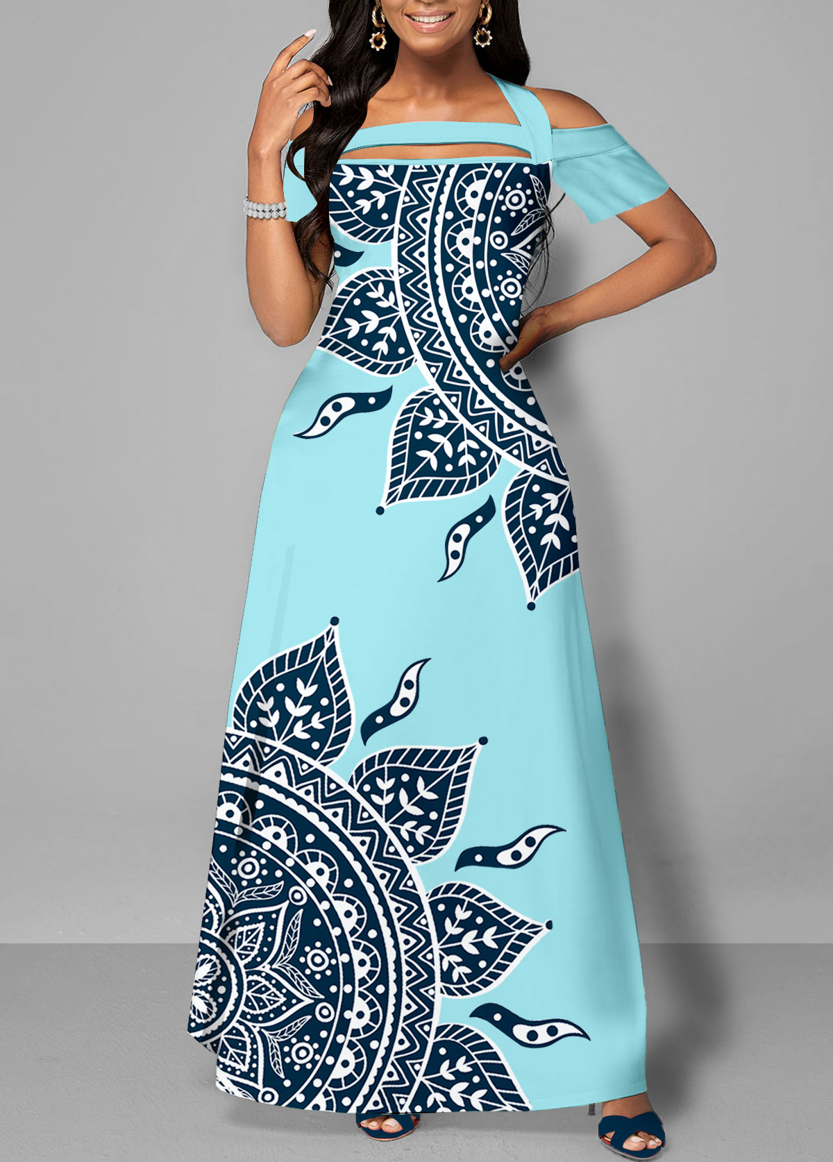 Blue dresses,Tribal dresses,ROTITA Patchwork Tribal Print Blue A Line Dress