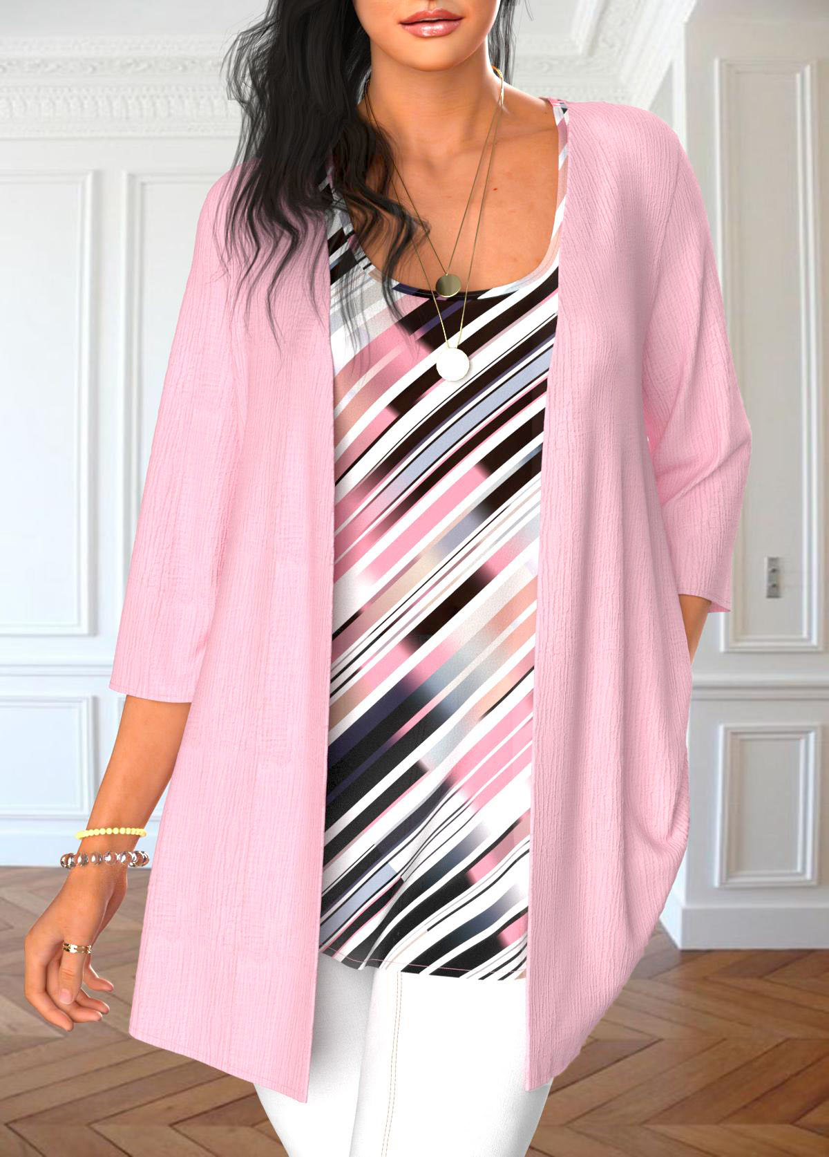 ROTITA Two Piece Striped Light Pink Tank Top and Cardigan