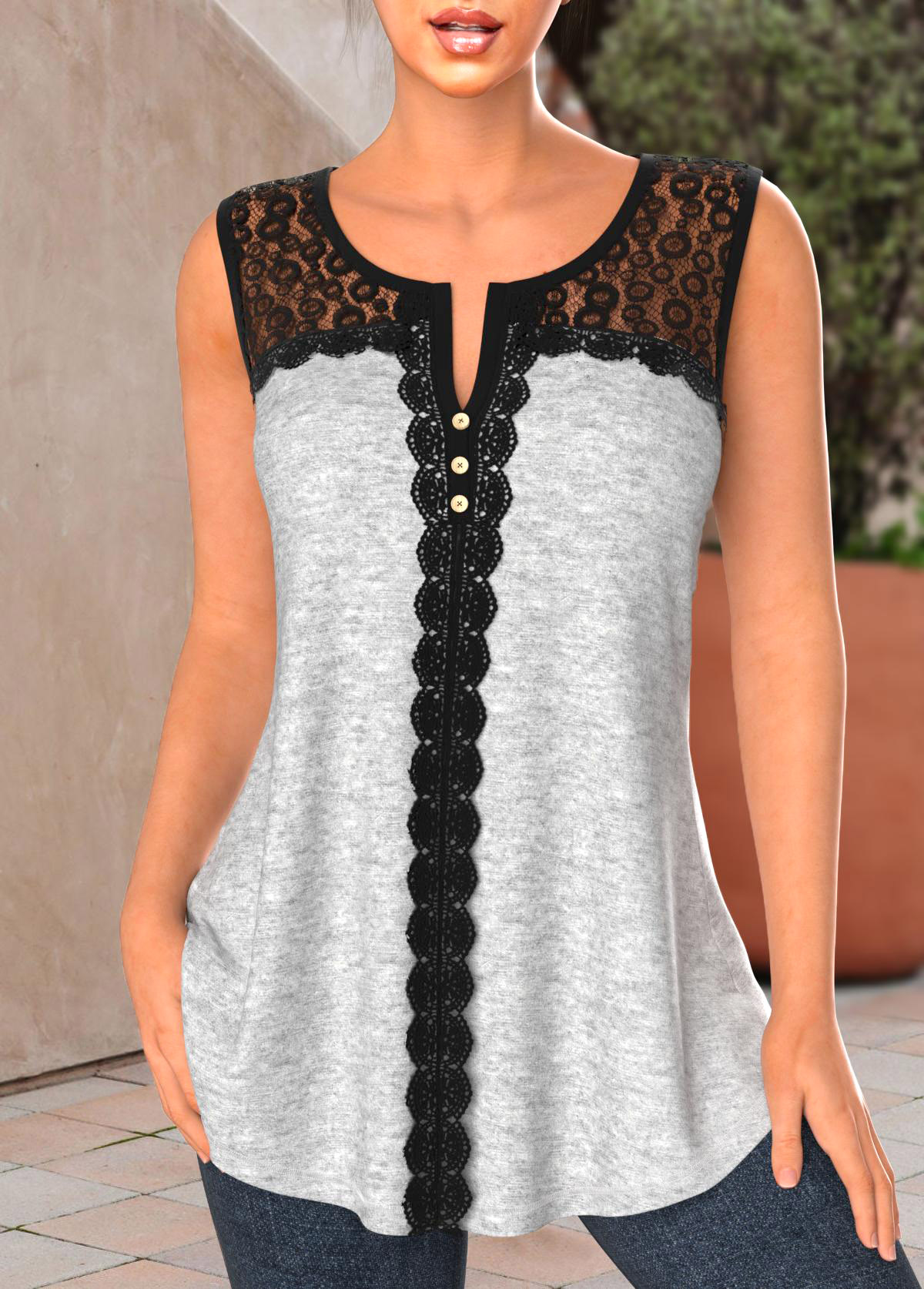 Light Grey Marl tops,Contrast Color tops,ROTITA Lace Light Grey Marl Split Neck Tank Top