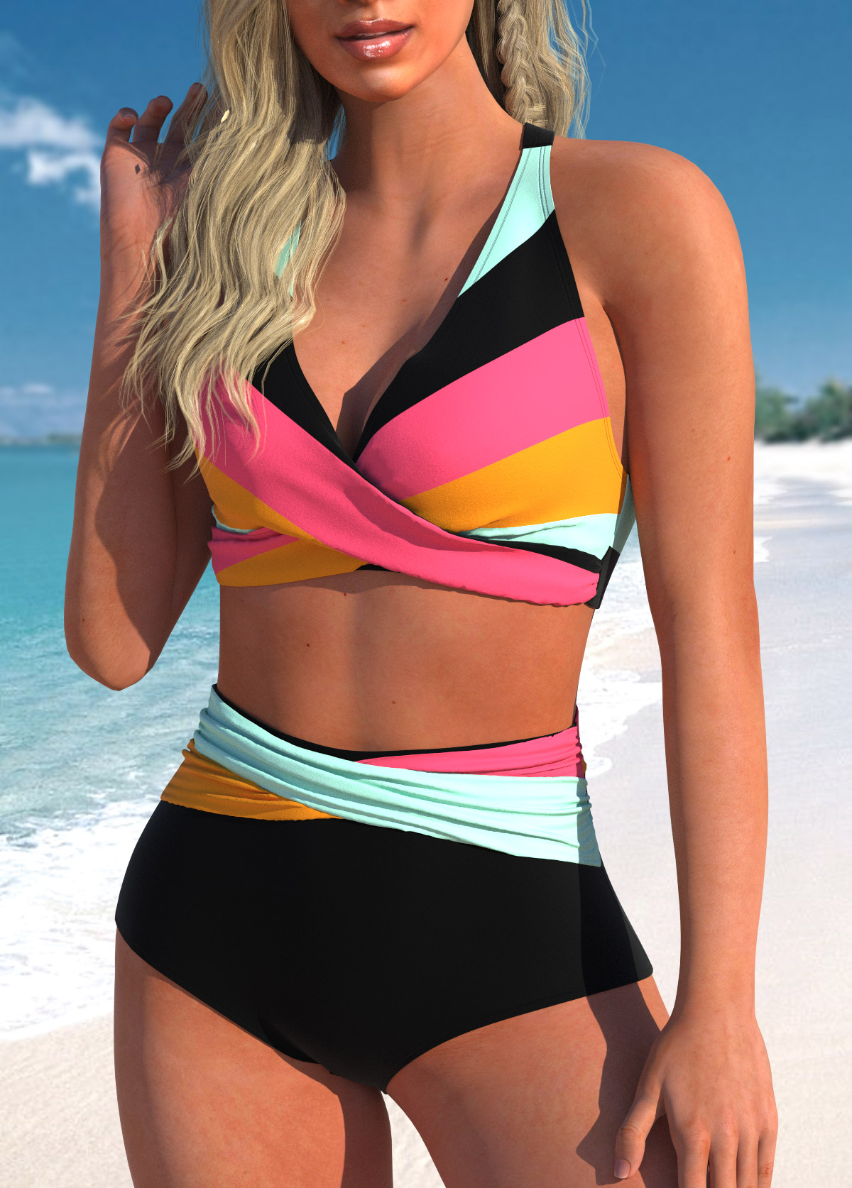 Multi Color swimwear,Striped swimwear,Geometric swimwear,ROTITA Criss Cross Multi Color Striped Bikini Top