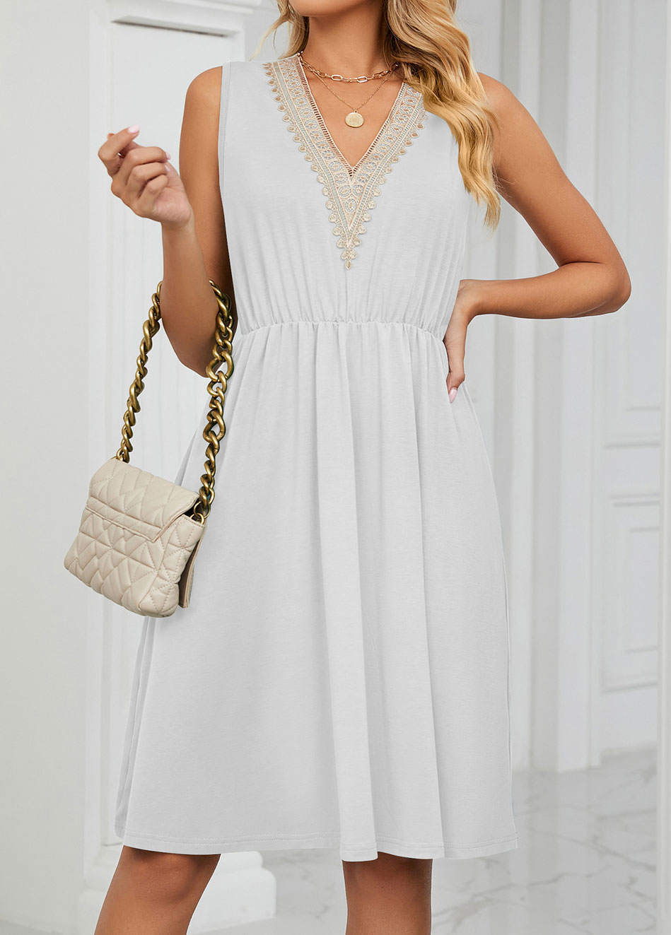 White dresses,Plain Color dresses,Patchwork White Short V Neck Sleeveless Dress