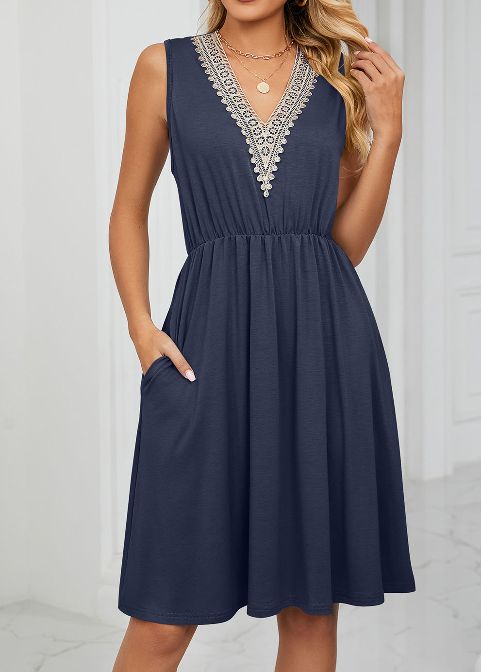 Navy dresses,Plain Color dresses,Patchwork Navy Short V Neck Sleeveless Dress