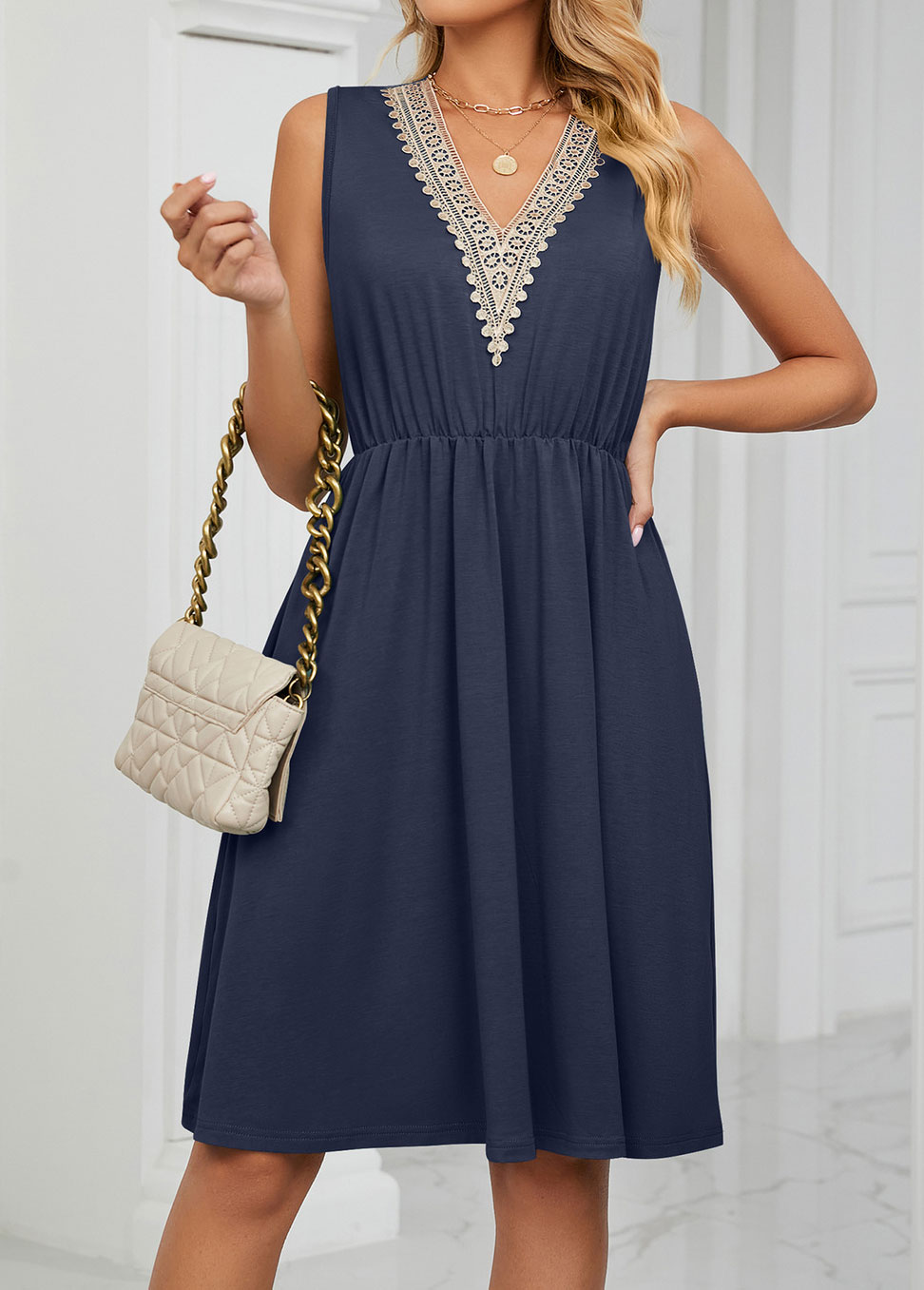 Navy dresses,Plain Color dresses,Patchwork Navy Short V Neck Sleeveless Dress