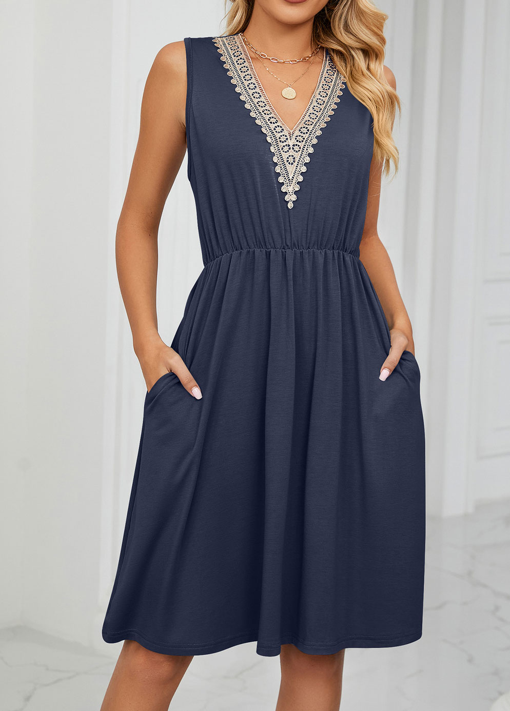 Navy dresses,Plain Color dresses,Patchwork Navy Short V Neck Sleeveless Dress