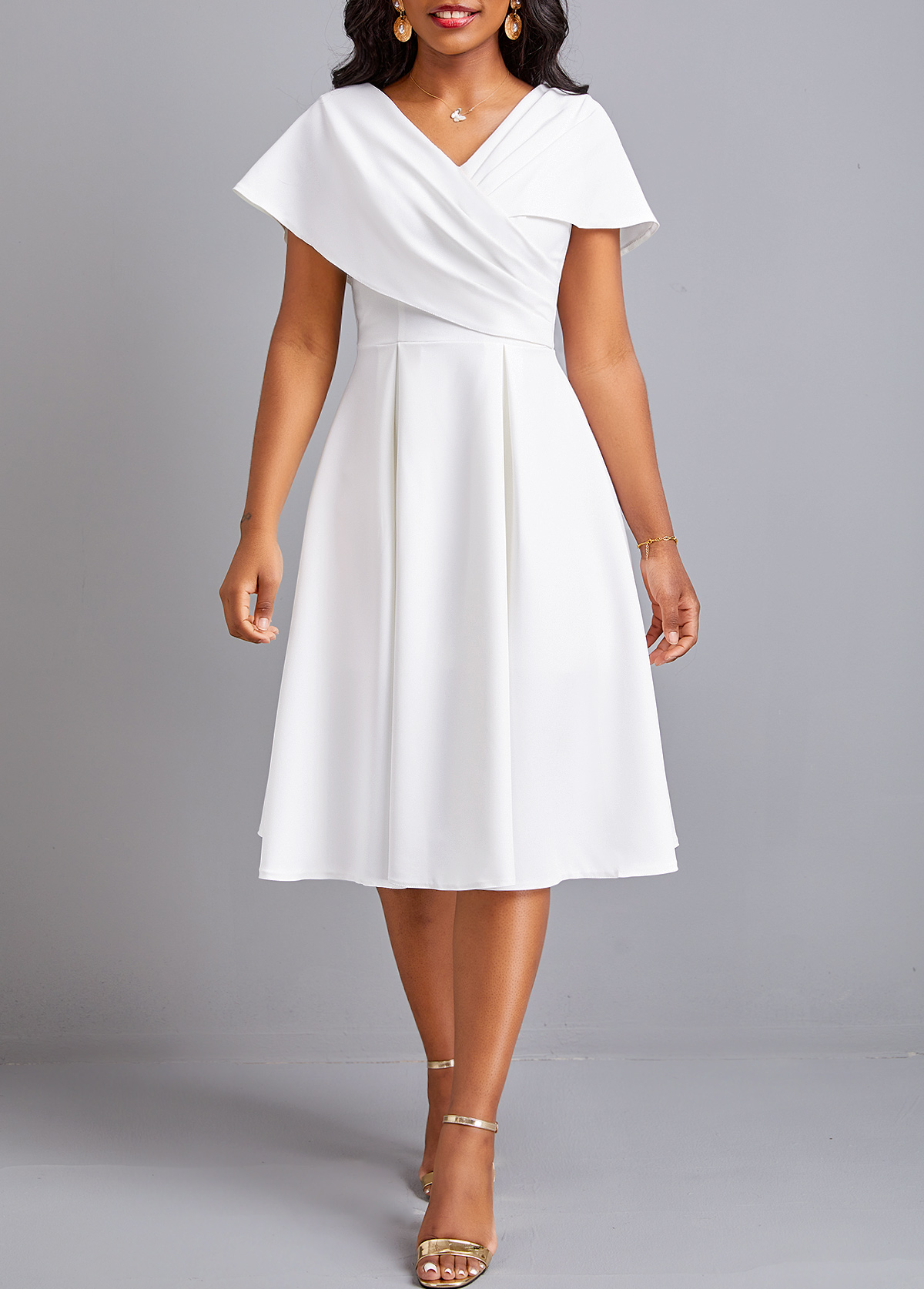 White dresses,Plain Color dresses,Umbrella Hem White V Neck Short Sleeve Dress