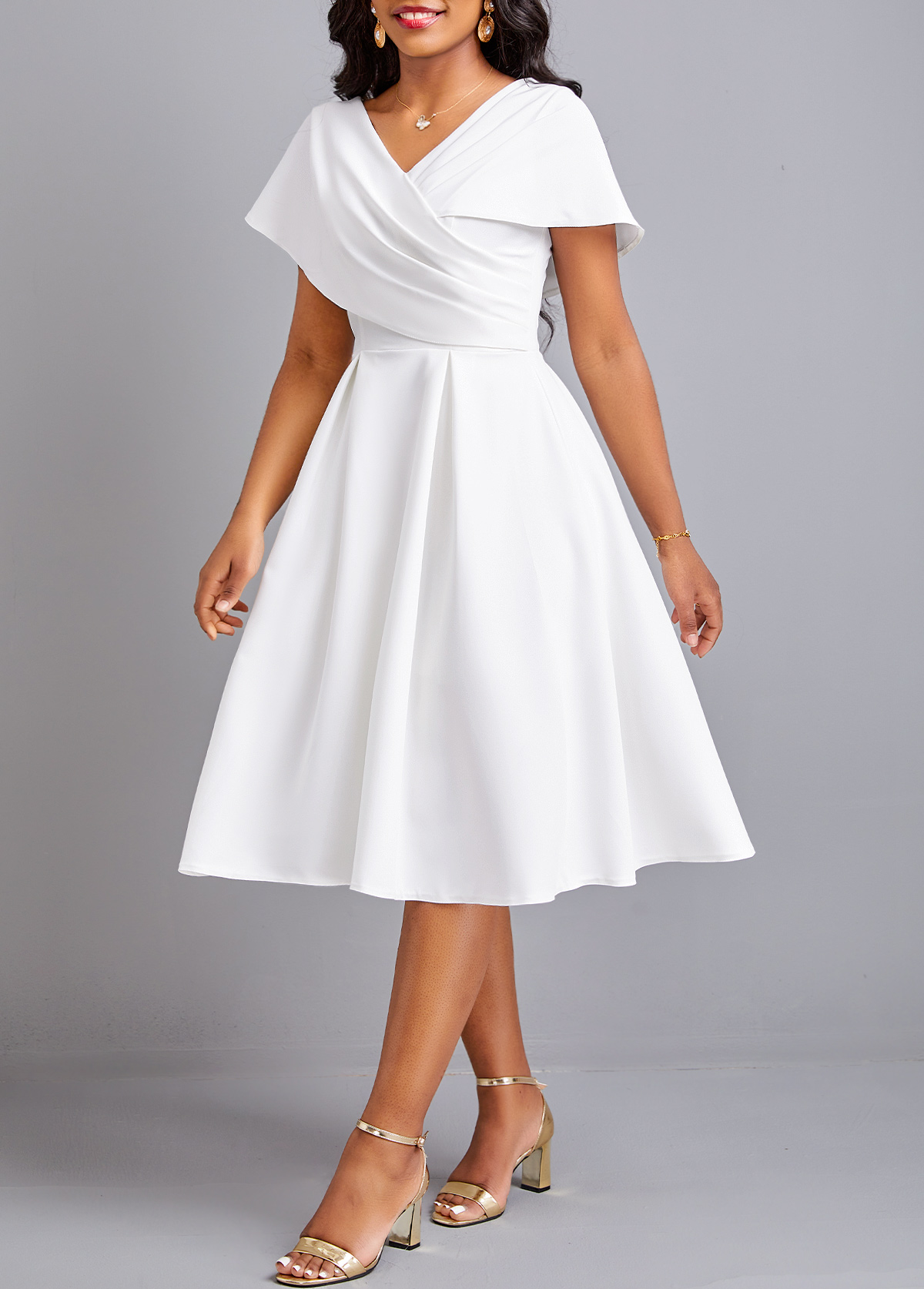 White dresses,Plain Color dresses,Umbrella Hem White V Neck Short Sleeve Dress