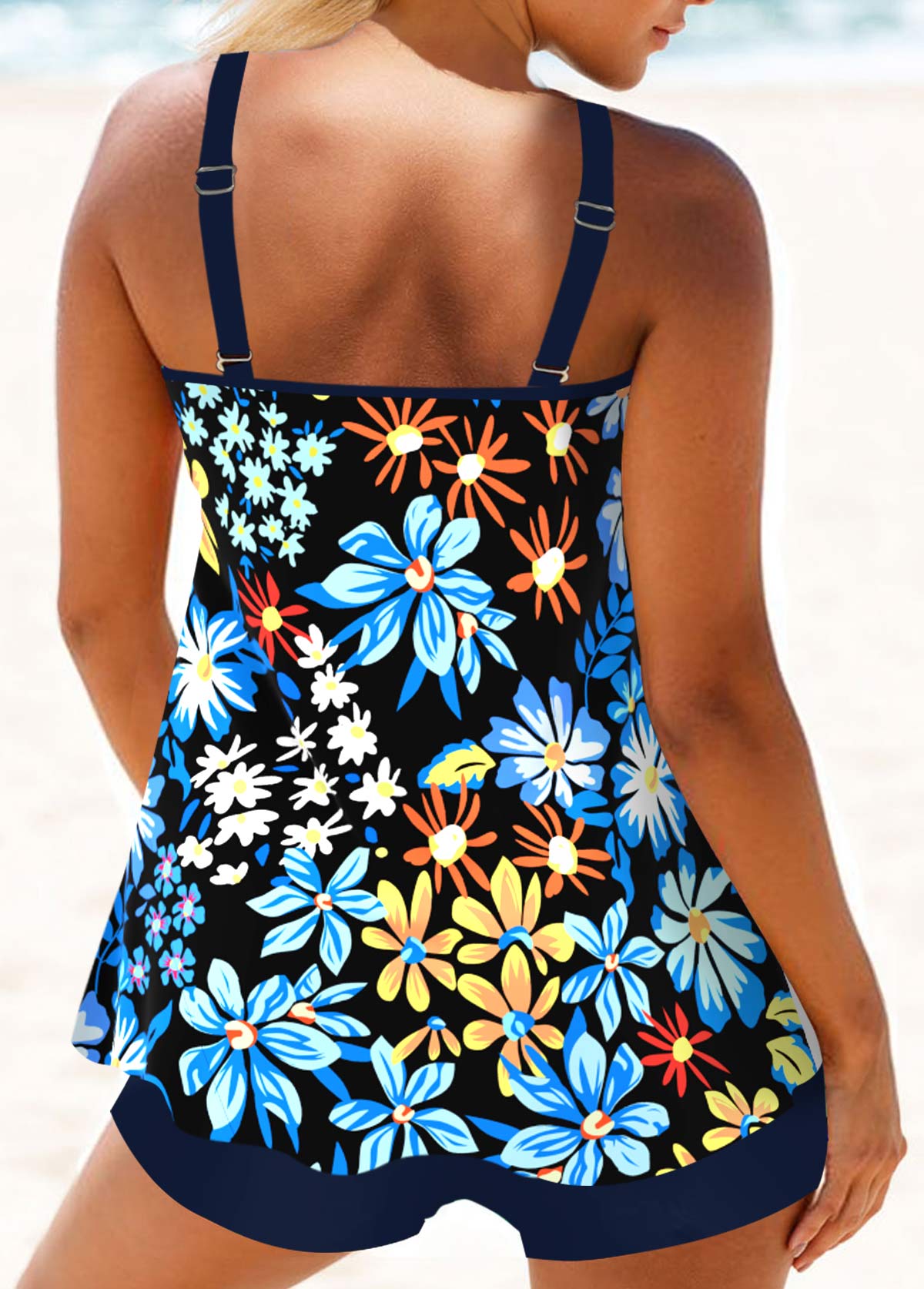 Multi Color swimwear,Floral swimwear,Plants swimwear,ROTITA Circular Ring Multi Color Floral Print Tankini Top