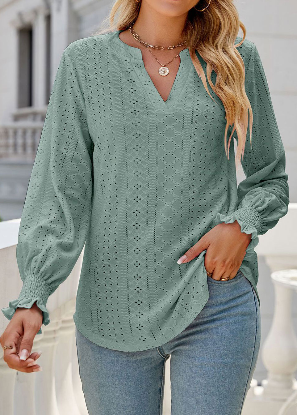 Breathable Sage Green Split Neck Long Sleeve Blouse