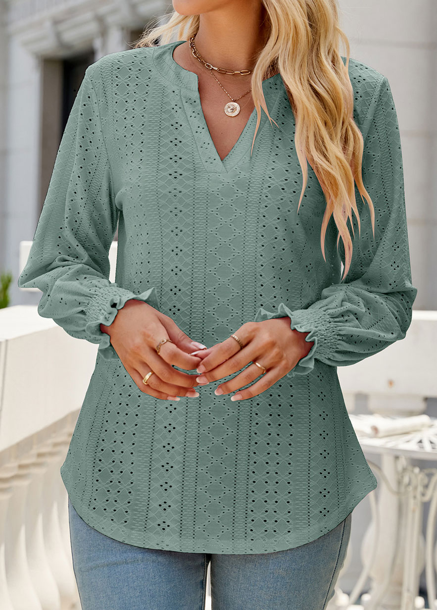 Sage Green tops,Plain Color tops,Breathable Sage Green Split Neck Long Sleeve Blouse