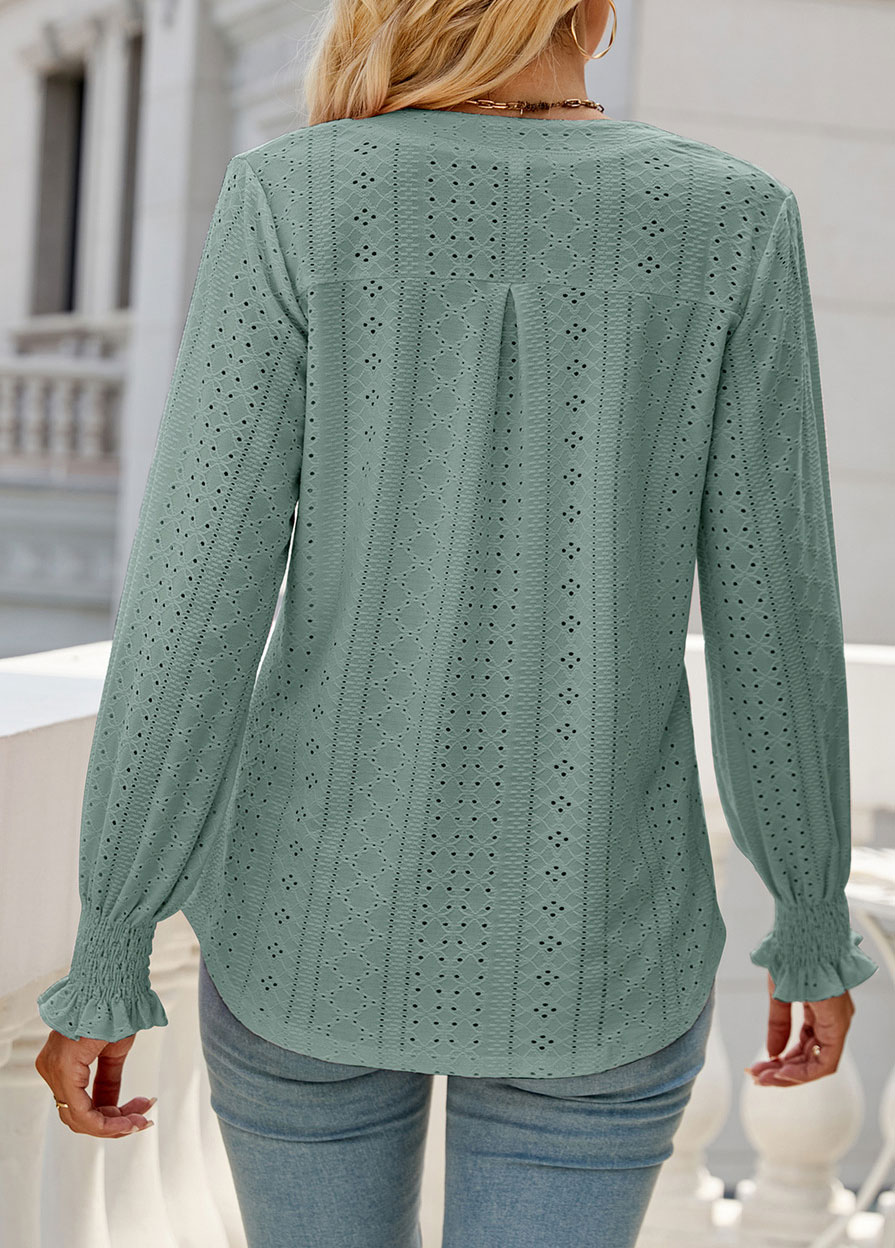 Sage Green tops,Plain Color tops,Breathable Sage Green Split Neck Long Sleeve Blouse