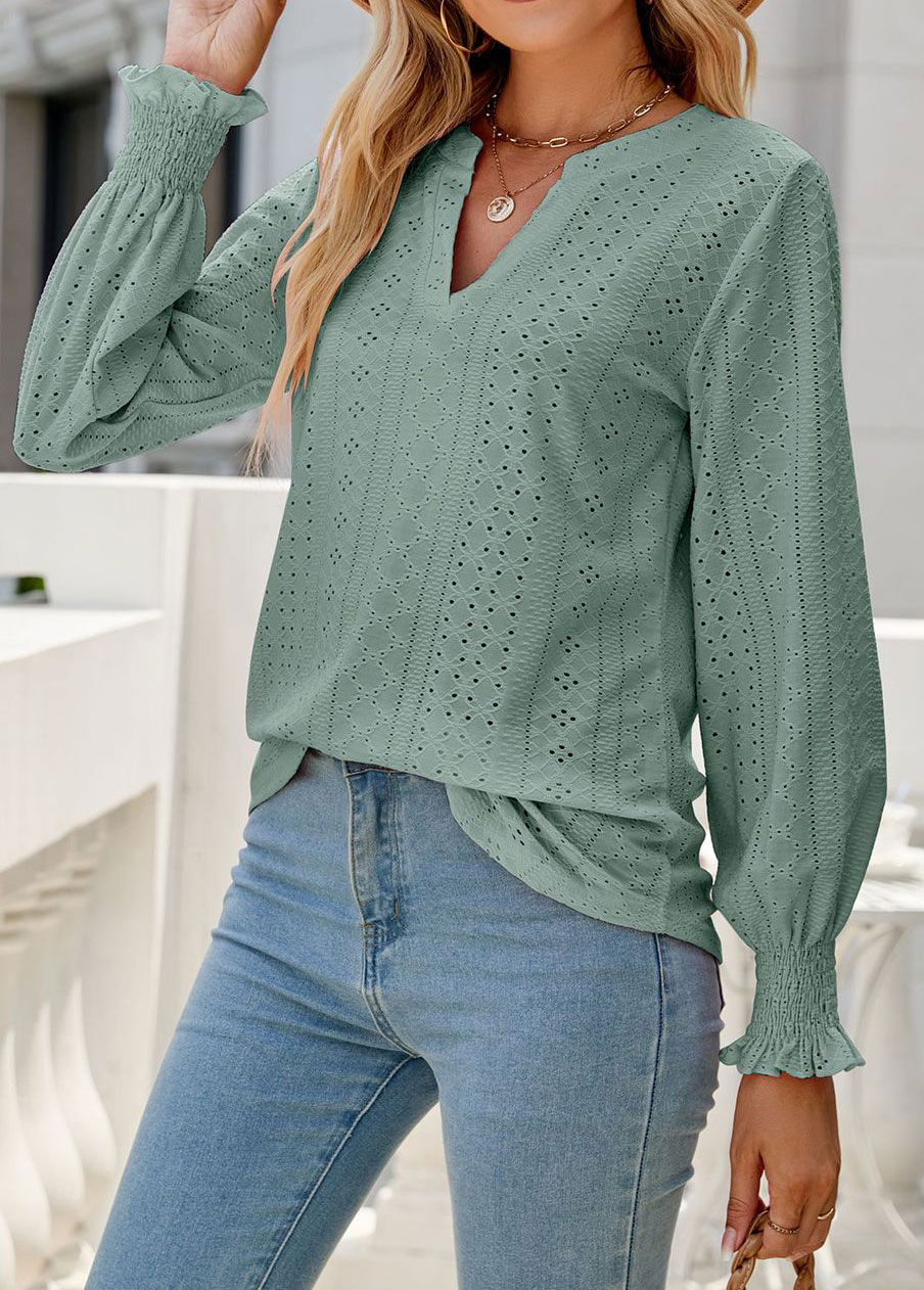 Sage Green tops,Plain Color tops,Breathable Sage Green Split Neck Long Sleeve Blouse