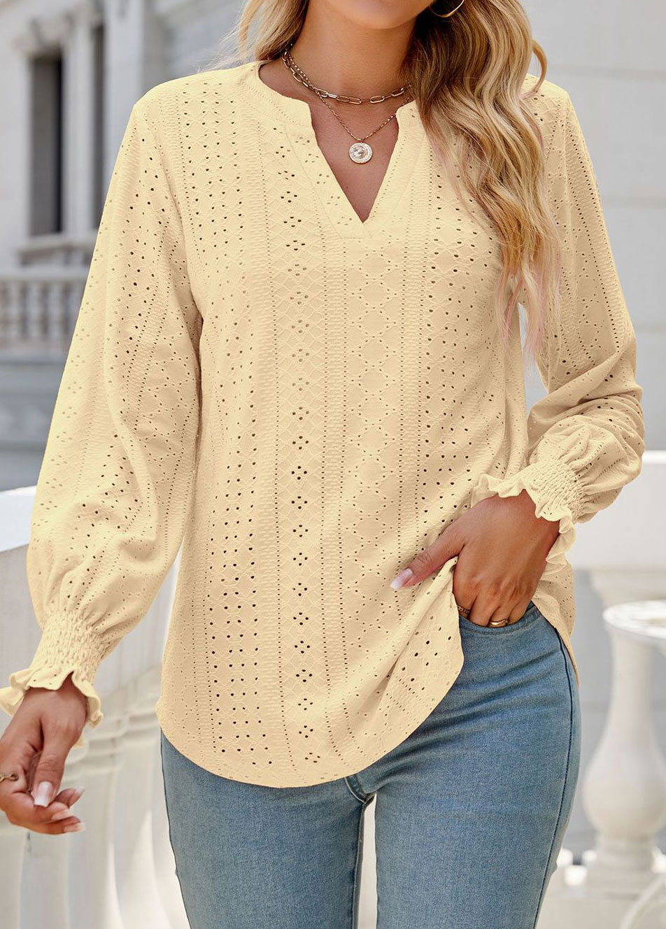 Breathable Light Yellow Split Neck Long Sleeve Blouse