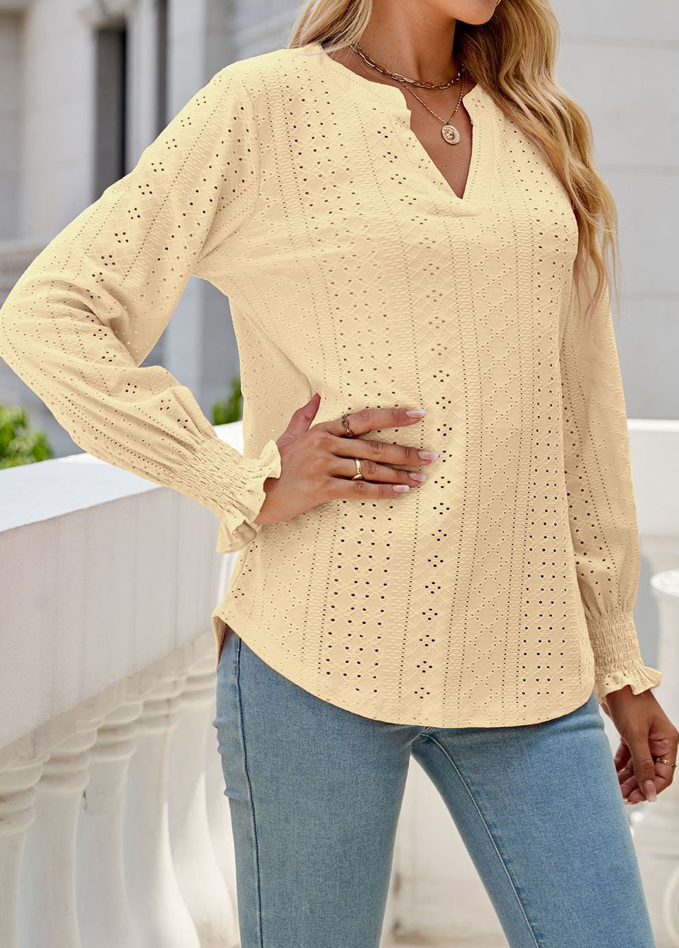 Light Yellow tops,Plain Color tops,Breathable Light Yellow Split Neck Long Sleeve Blouse