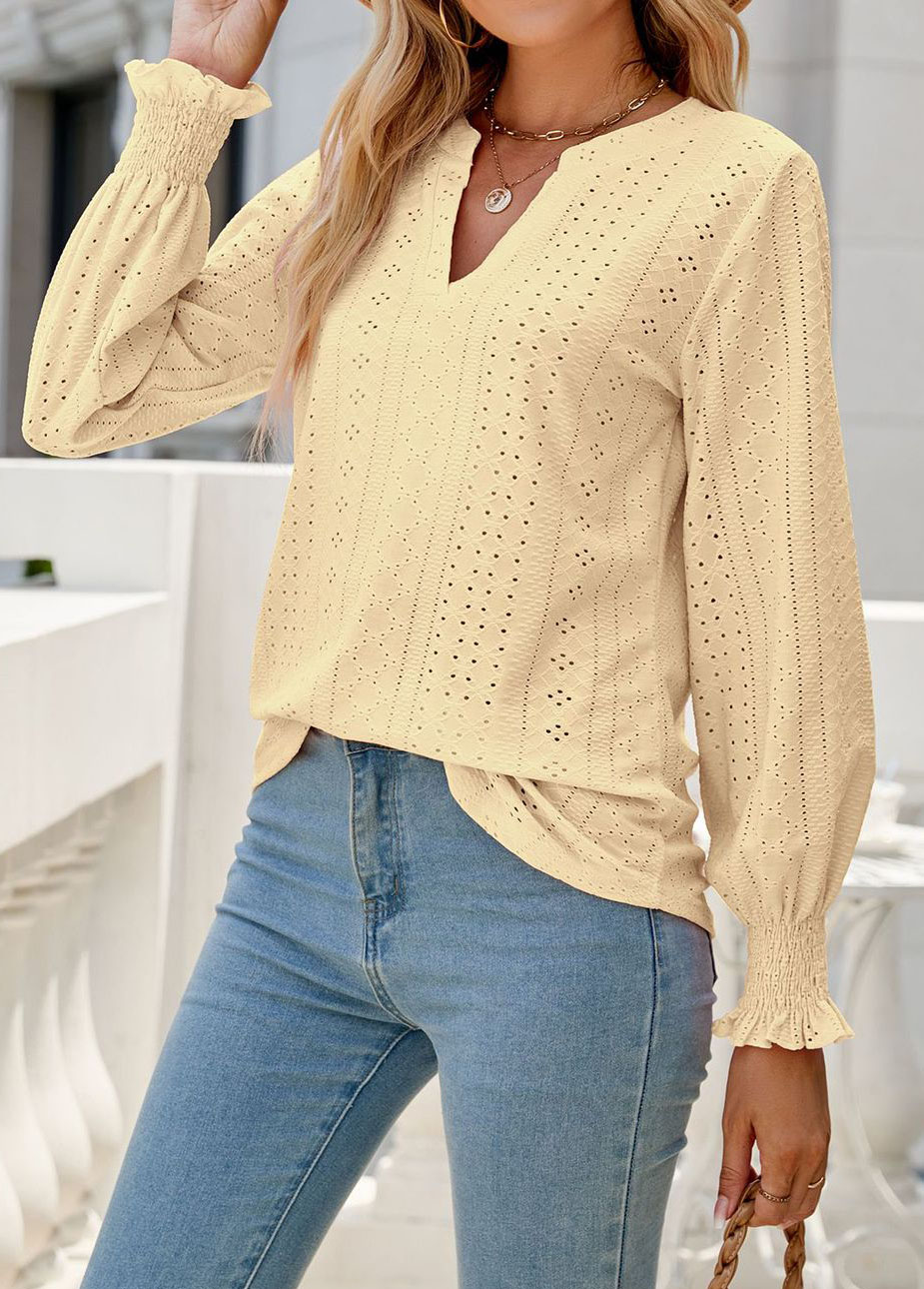 Light Yellow tops,Plain Color tops,Breathable Light Yellow Split Neck Long Sleeve Blouse