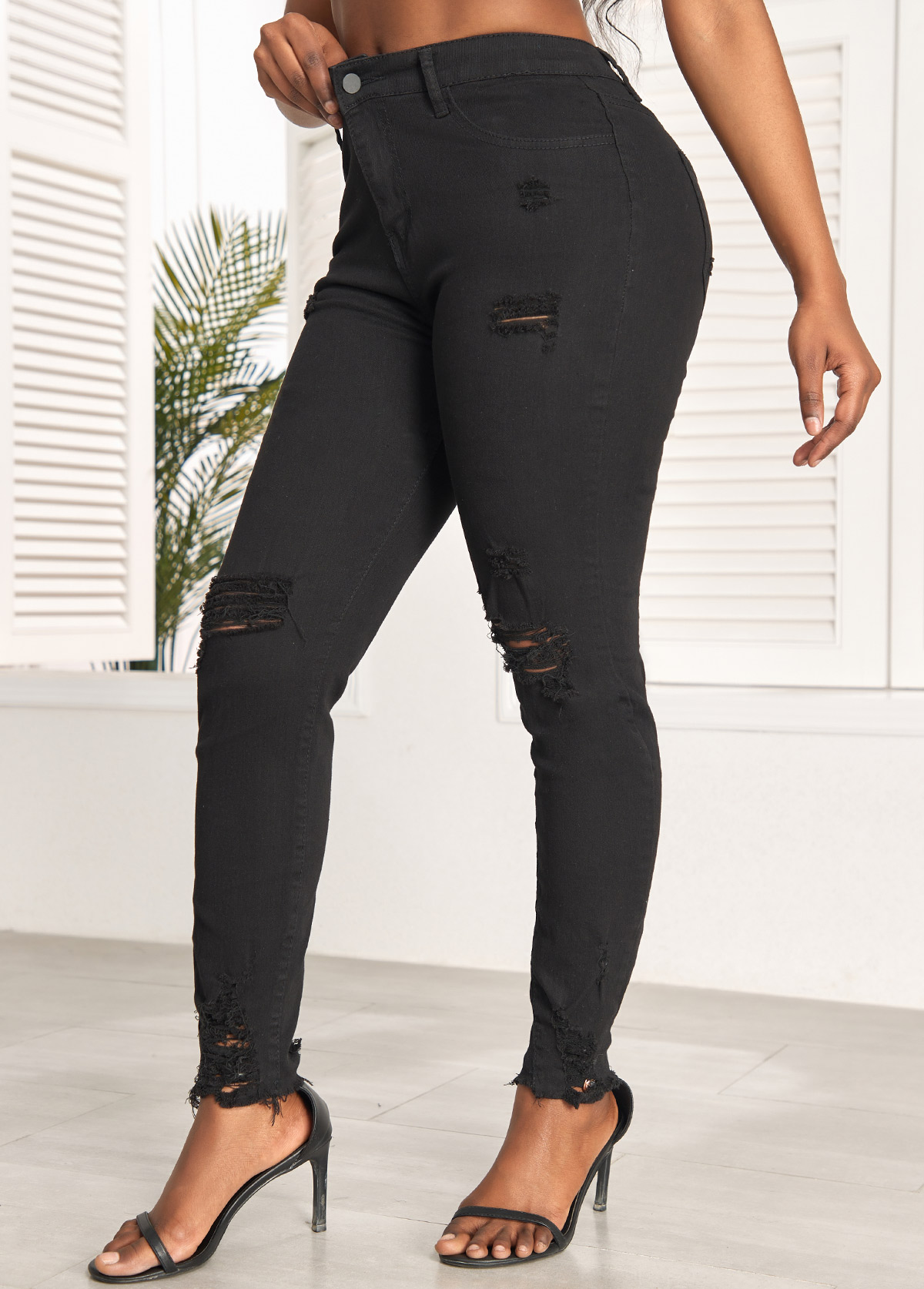 Hole Black Skinny Zipper Fly High Waisted Jeans