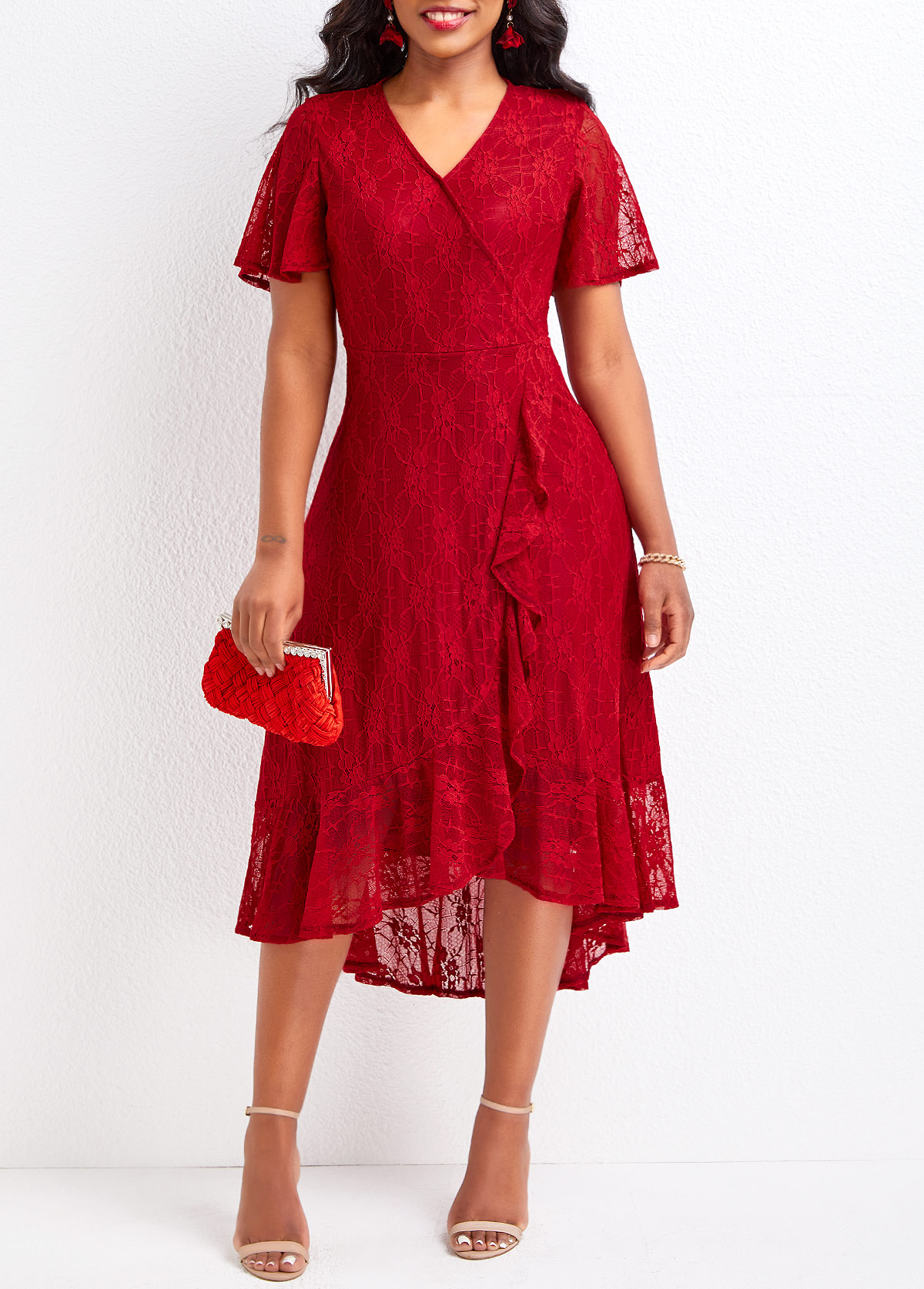 Lace Wine Red High Low V Neck Dress