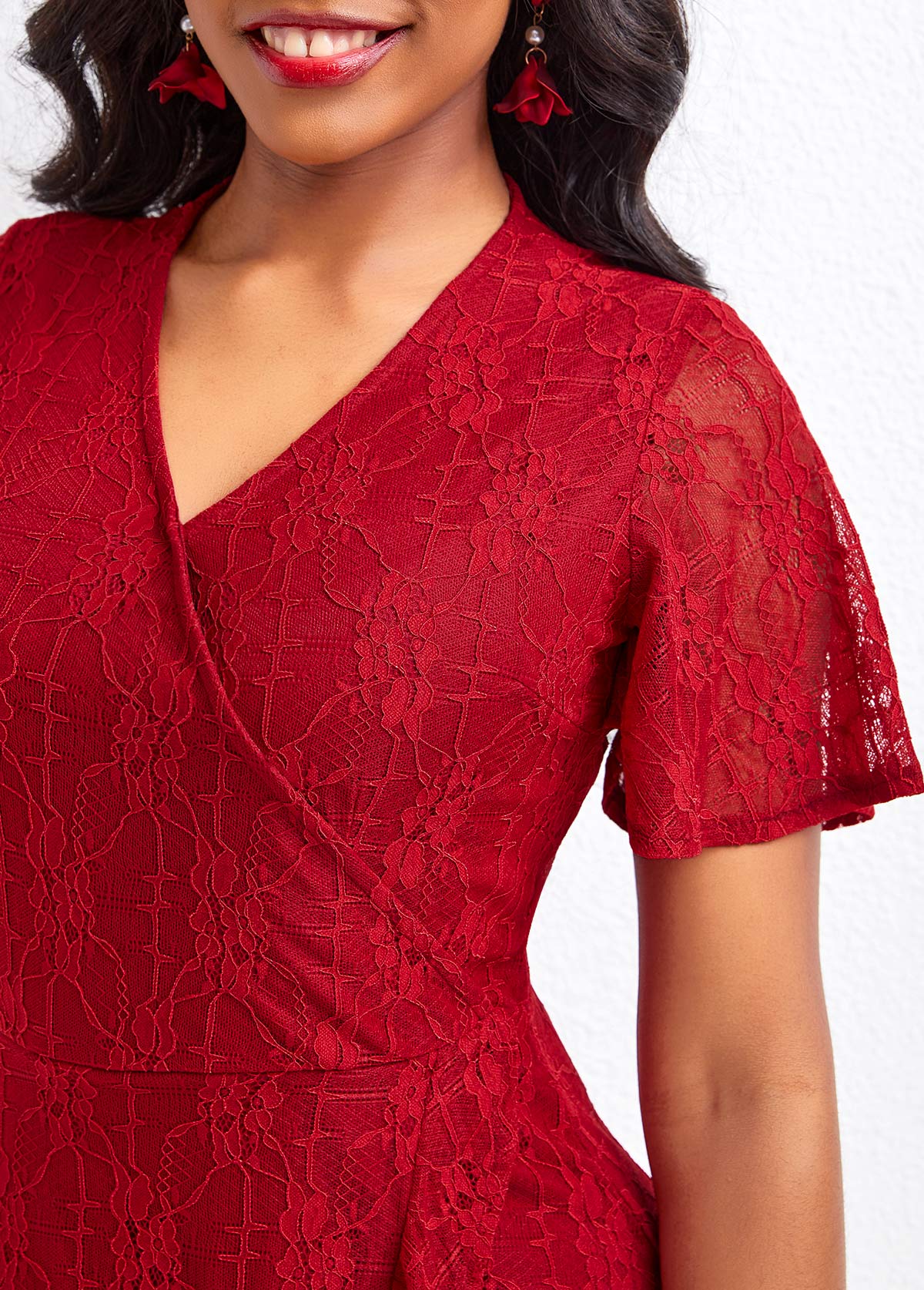 Wine Red dresses,Plain Color dresses,Lace Wine Red High Low V Neck Dress