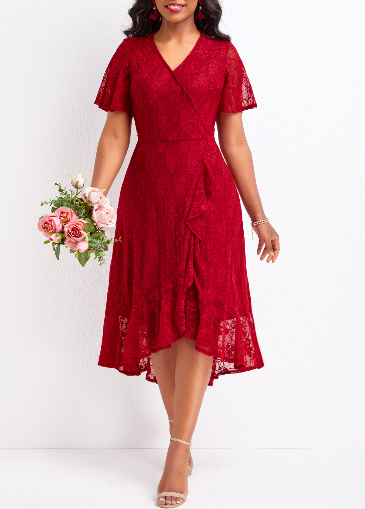Wine Red dresses,Plain Color dresses,Lace Wine Red High Low V Neck Dress