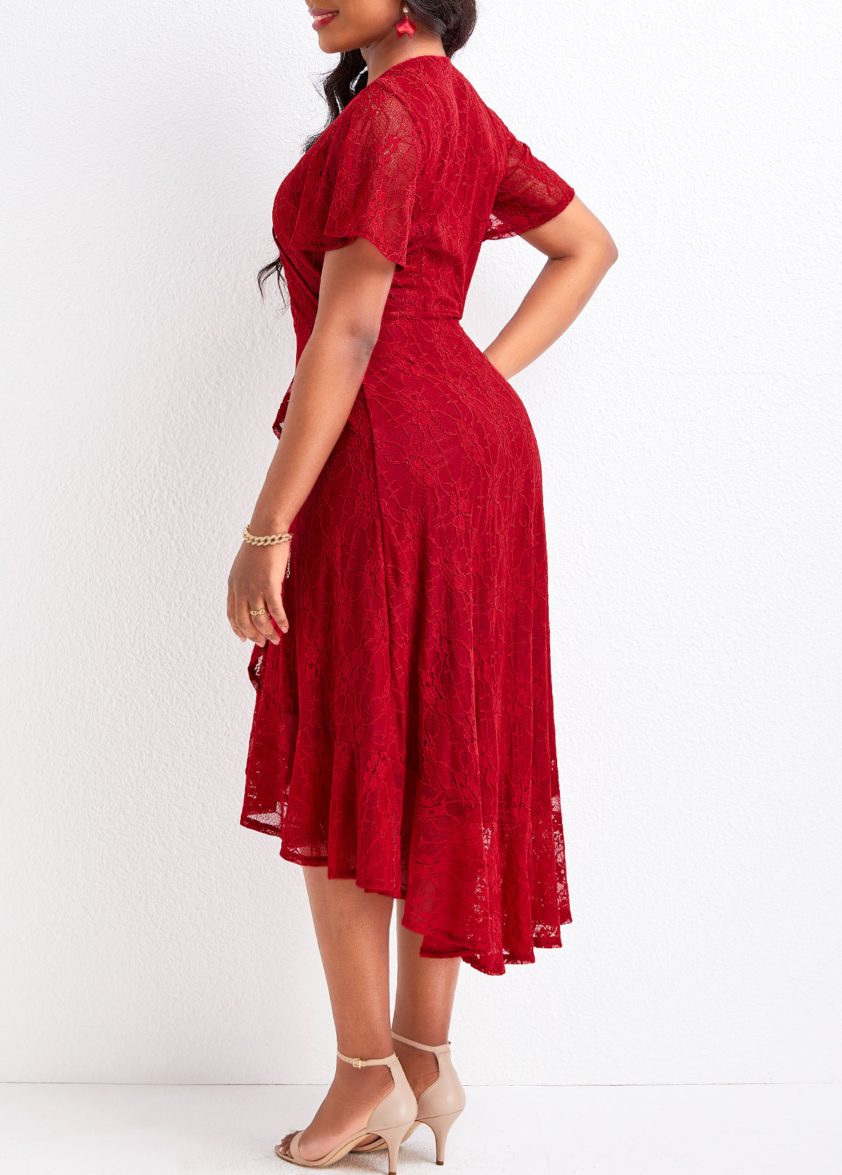 Wine Red dresses,Plain Color dresses,Lace Wine Red High Low V Neck Dress