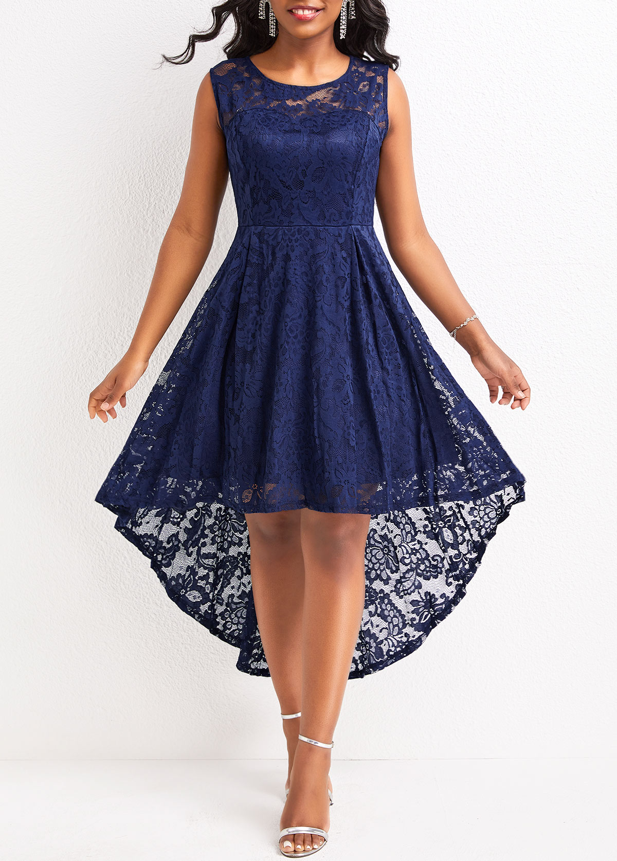 Lace Navy High Low Scoop Neck Sleeveless Dress