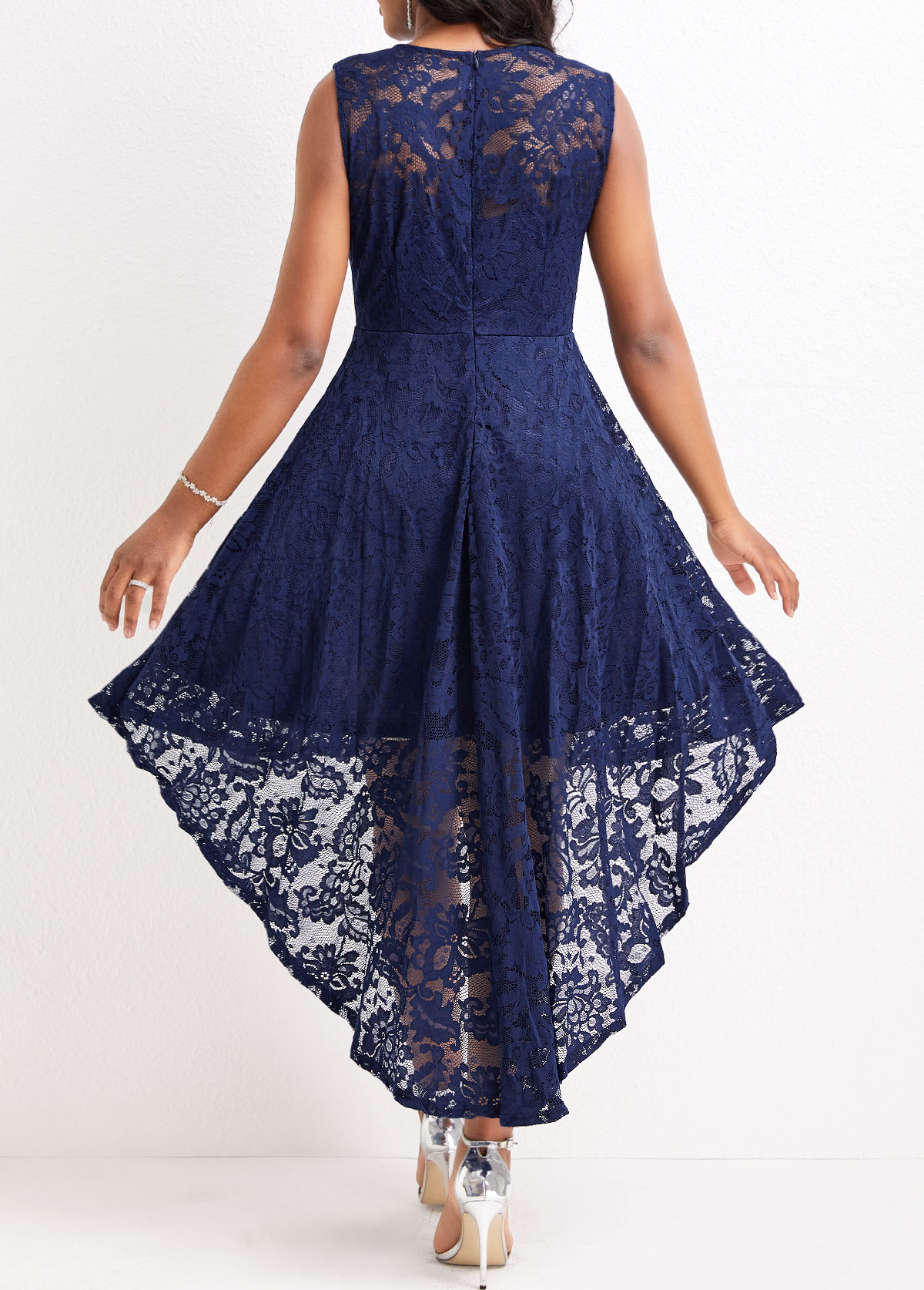 Navy dresses,Plain Color dresses,Lace Navy High Low Scoop Neck Sleeveless Dress