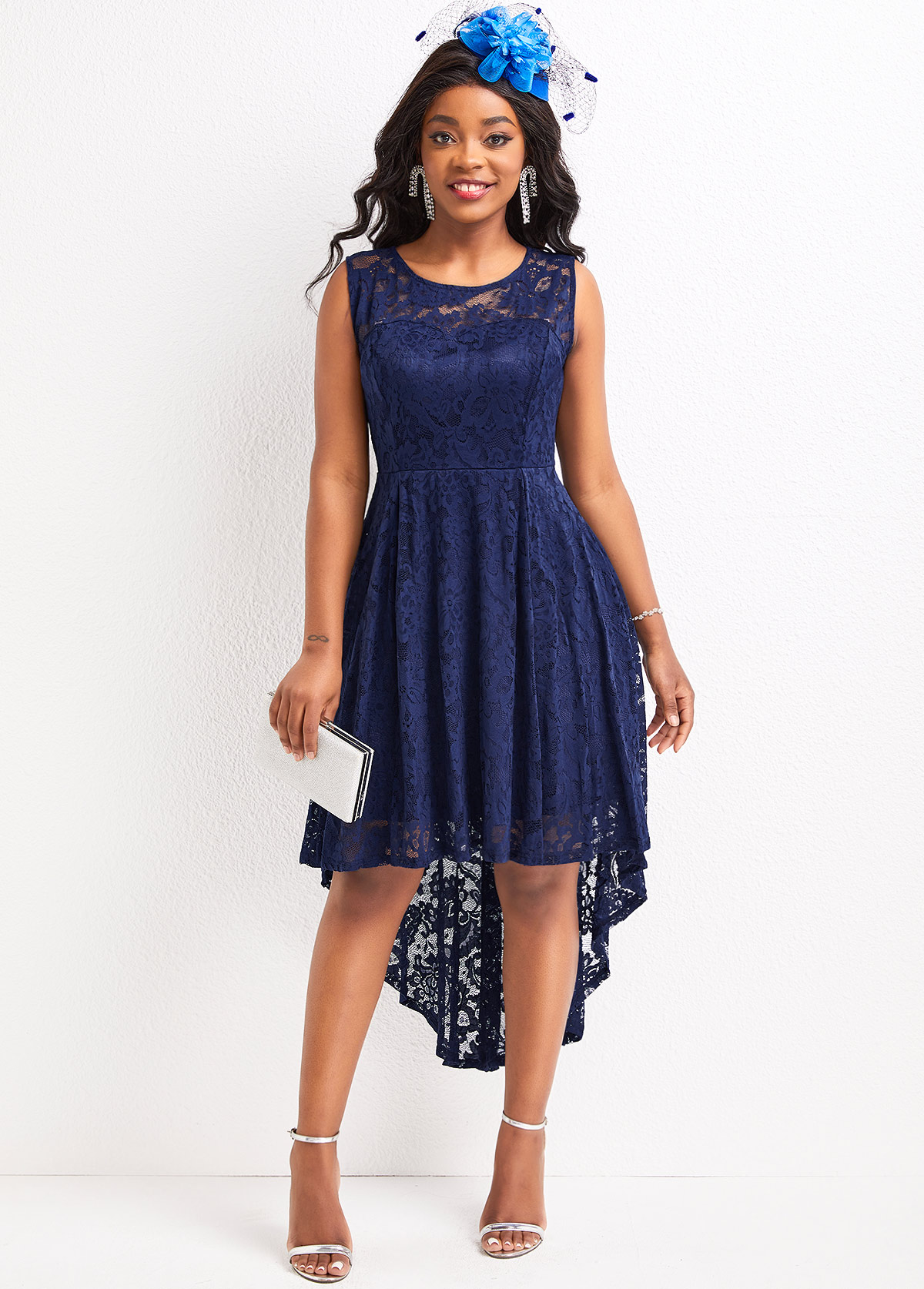 Navy dresses,Plain Color dresses,Lace Navy High Low Scoop Neck Sleeveless Dress