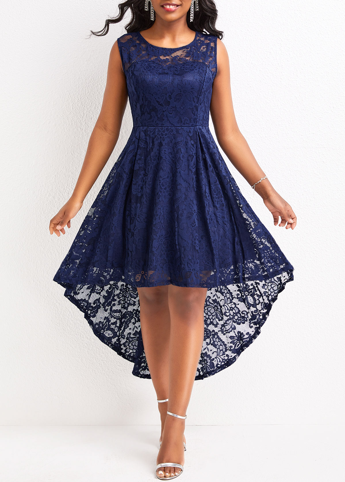 Navy dresses,Plain Color dresses,Lace Navy High Low Scoop Neck Sleeveless Dress