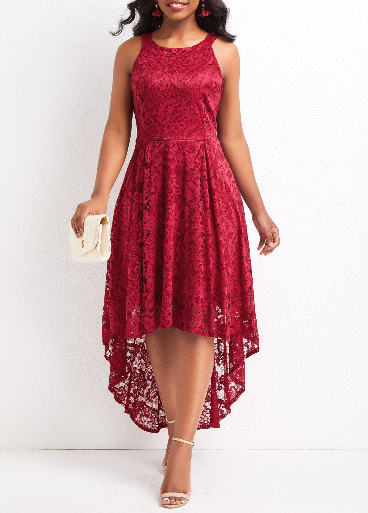 Wine Red dresses,Plain Color dresses,Lace Wine Red High Low Round Neck Dress