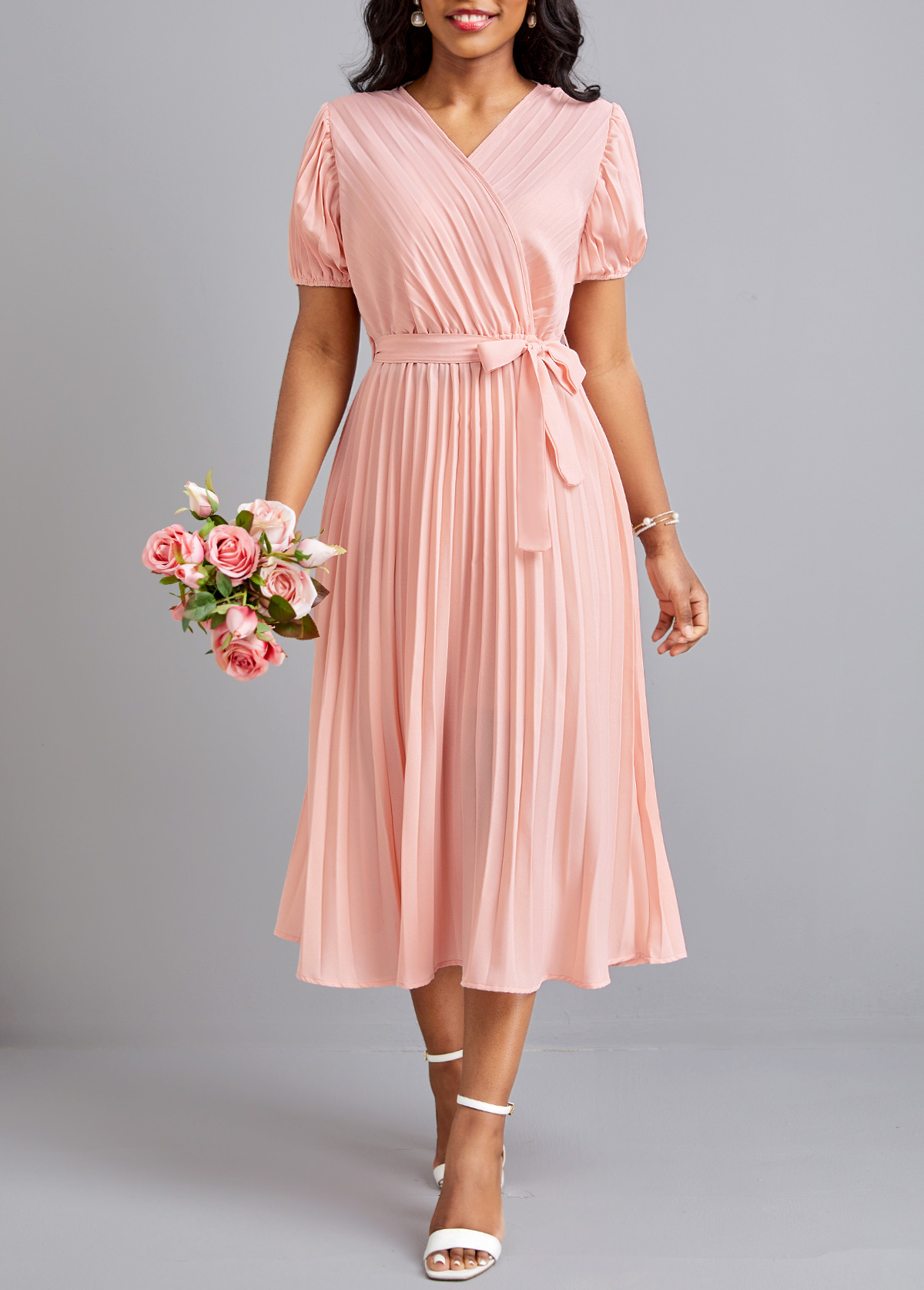 Pleated Light Pink Belted V Neck Dress