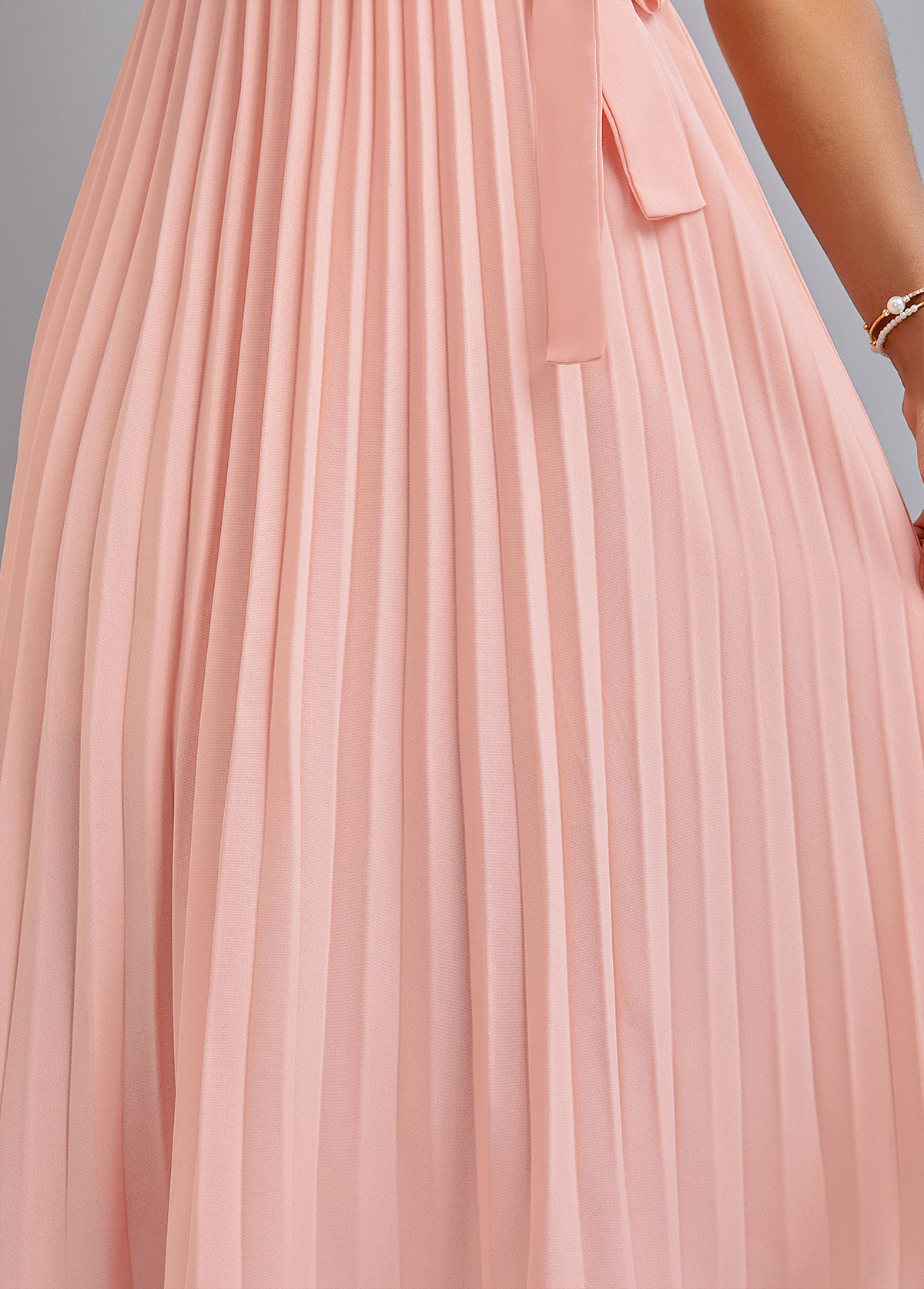 Light Pink dresses,Plain Color dresses,Pleated Light Pink Belted V Neck Dress