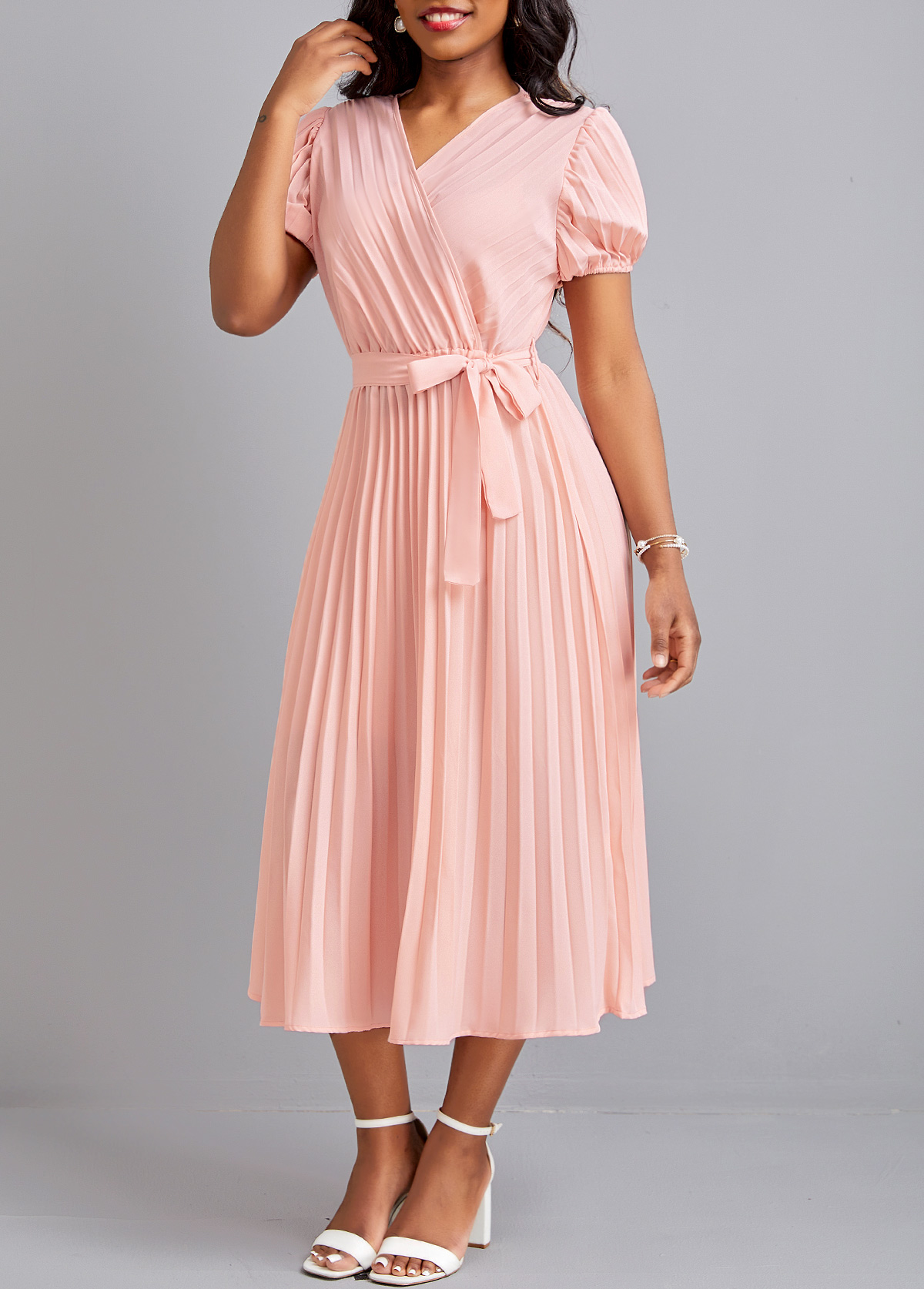 Light Pink dresses,Plain Color dresses,Pleated Light Pink Belted V Neck Dress