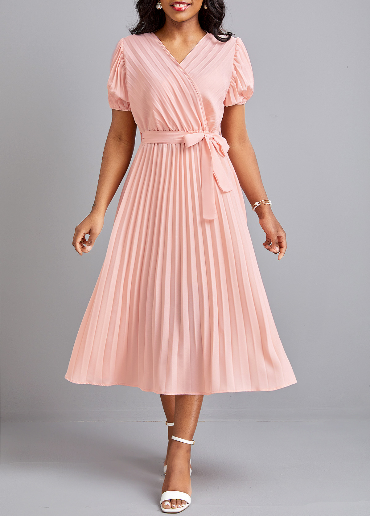 Light Pink dresses,Plain Color dresses,Pleated Light Pink Belted V Neck Dress