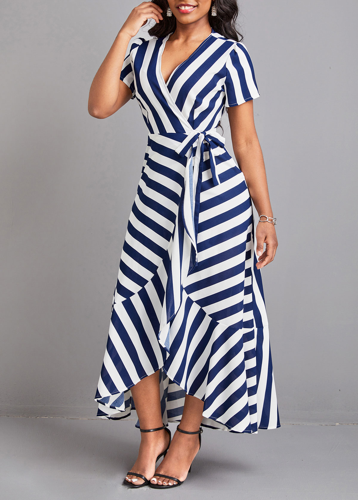 Blue dresses,White dresses,Striped dresses,Ruffle Striped Blue V Neck Maxi Dress