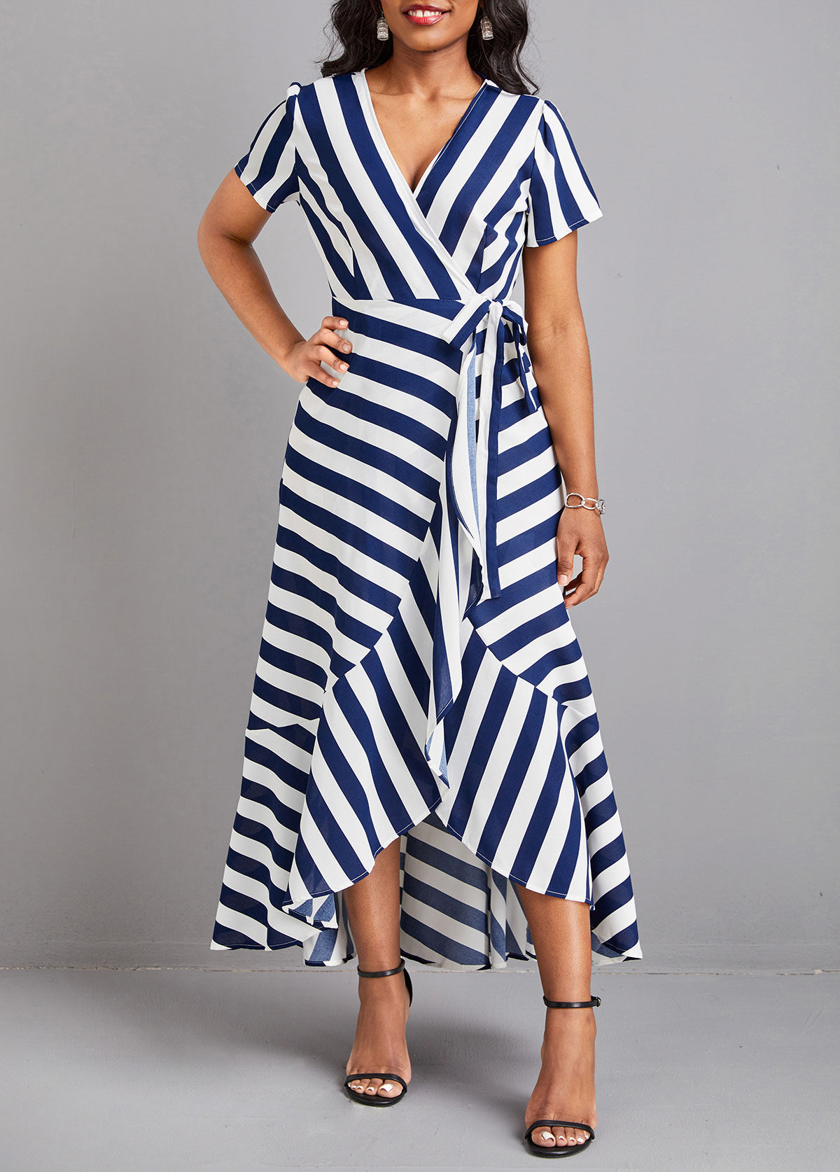 Blue dresses,White dresses,Striped dresses,Ruffle Striped Blue V Neck Maxi Dress